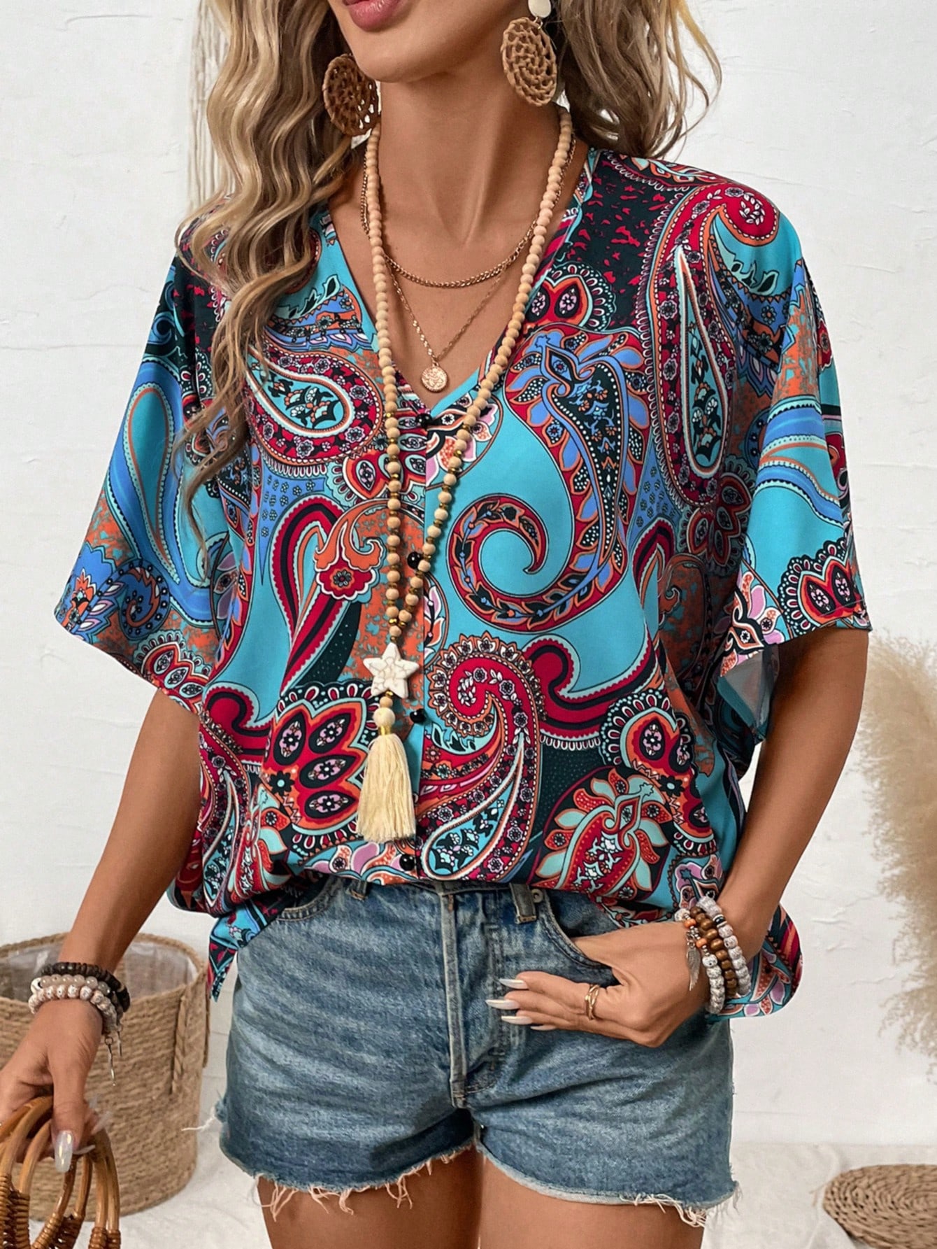 Paisley Print V-Neck Blouse