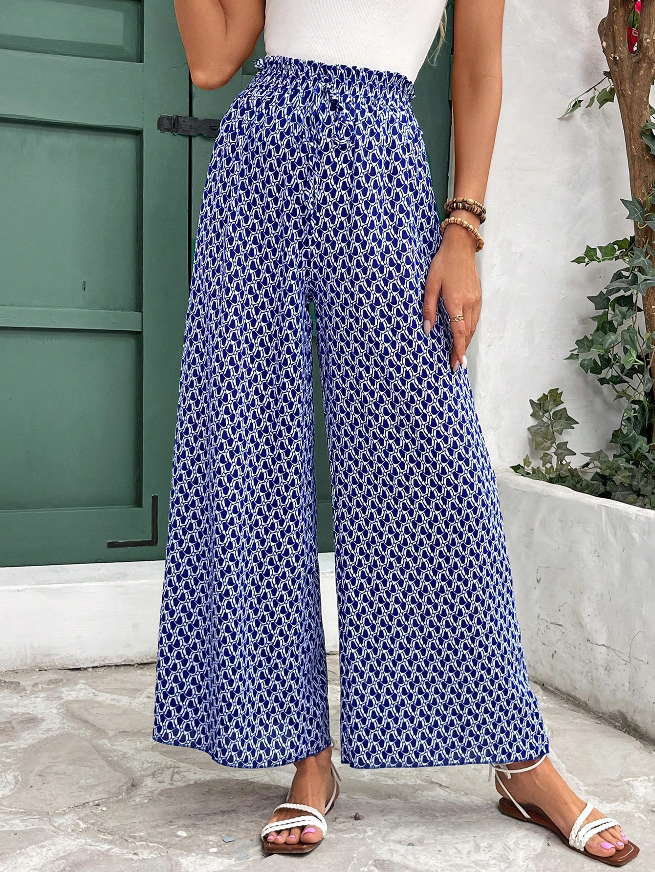 Full Printed High-Waisted Wide Leg Pants