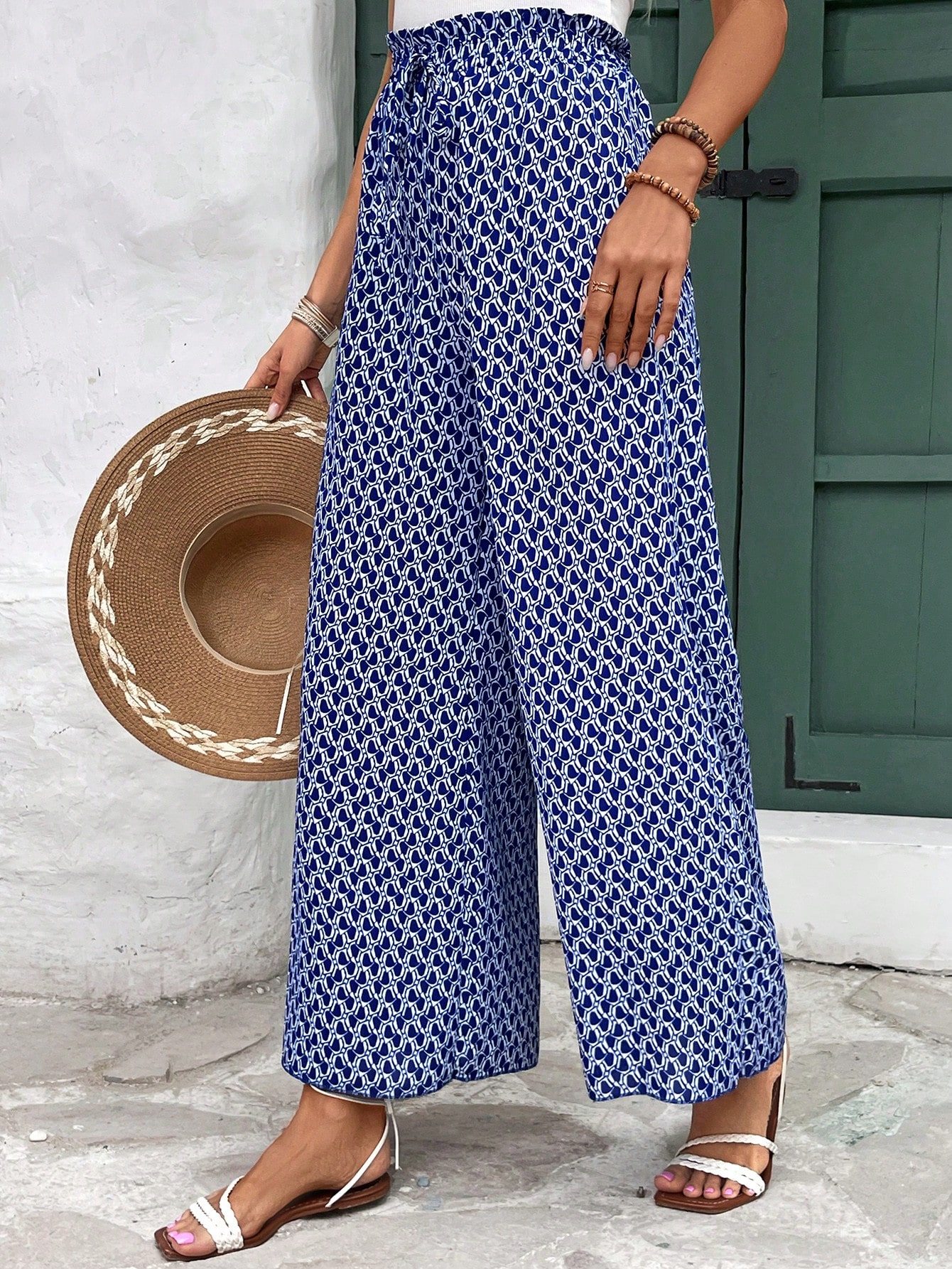 Full Printed High-Waisted Wide Leg Pants