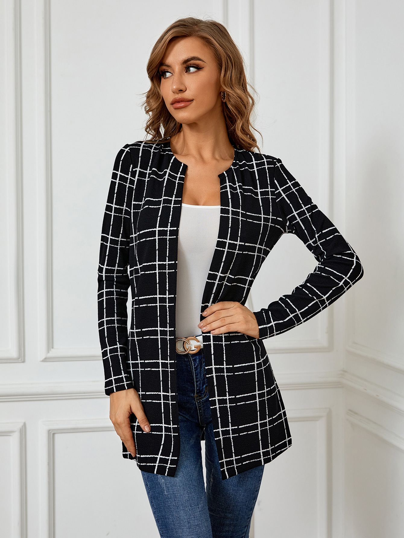 Plaid Open Front Coat