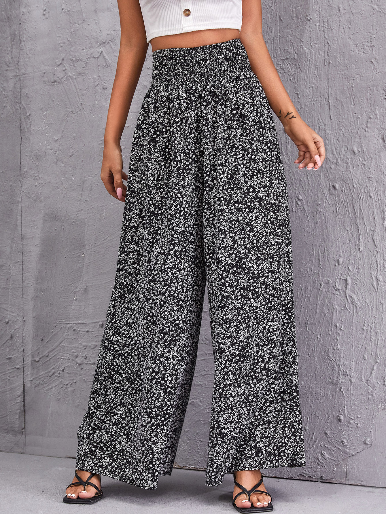 Shirred Waist Ditsy Floral Wide Leg Pants