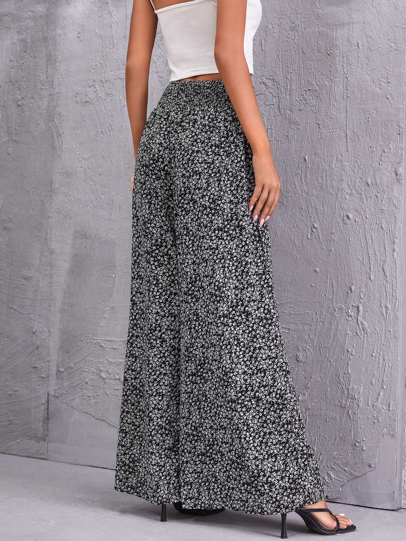 Shirred Waist Ditsy Floral Wide Leg Pants