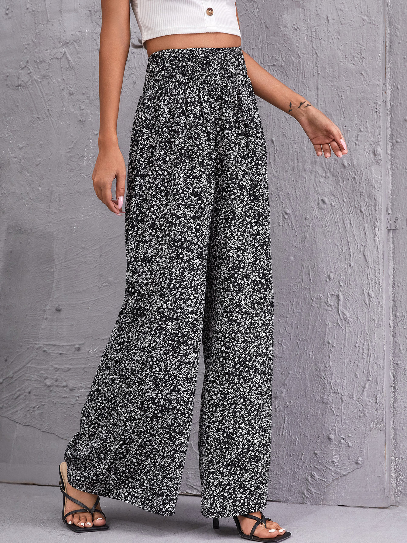 Shirred Waist Ditsy Floral Wide Leg Pants