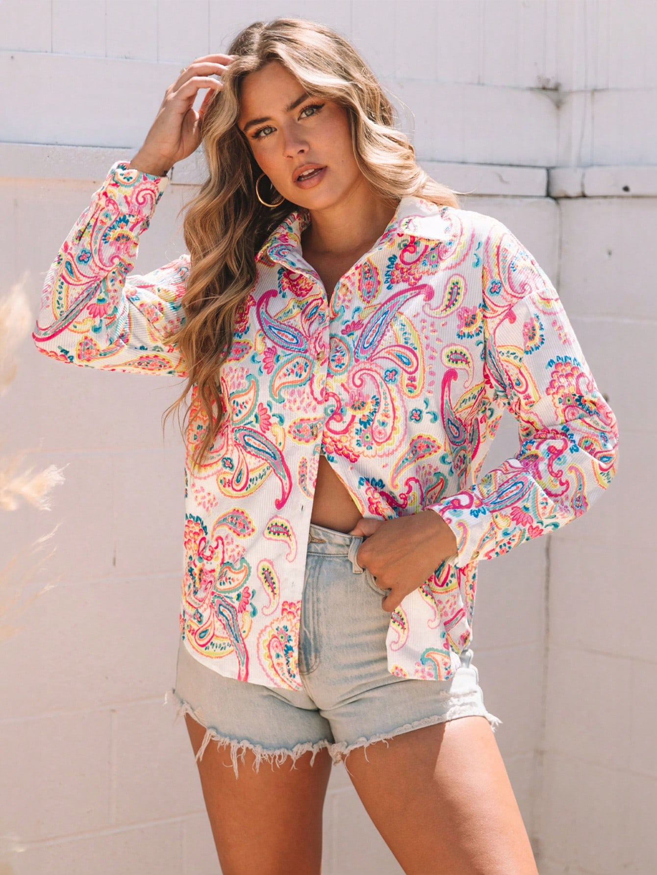 Paisley Print Button Front Drop Shoulder Jacket