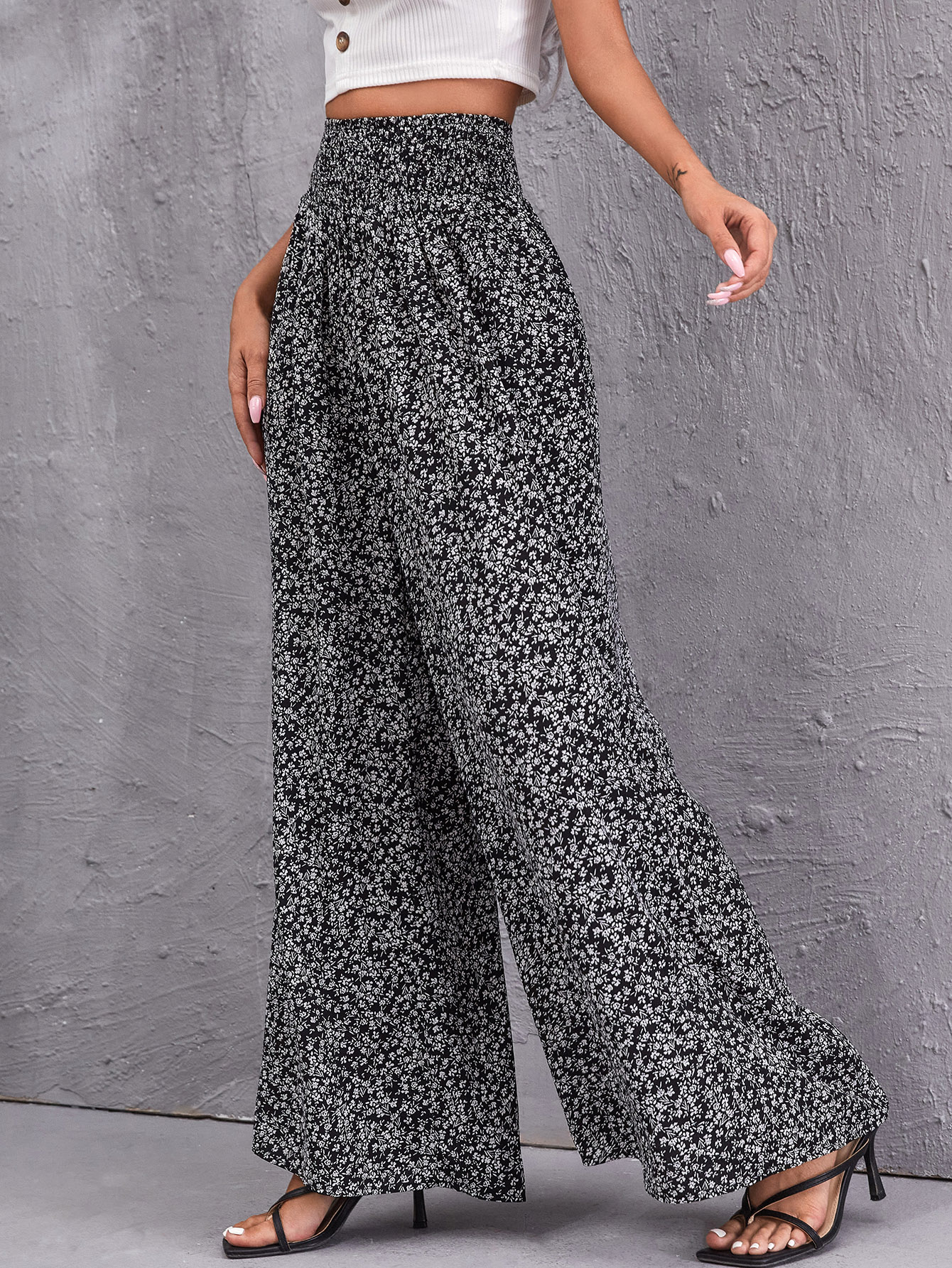 Shirred Waist Ditsy Floral Wide Leg Pants