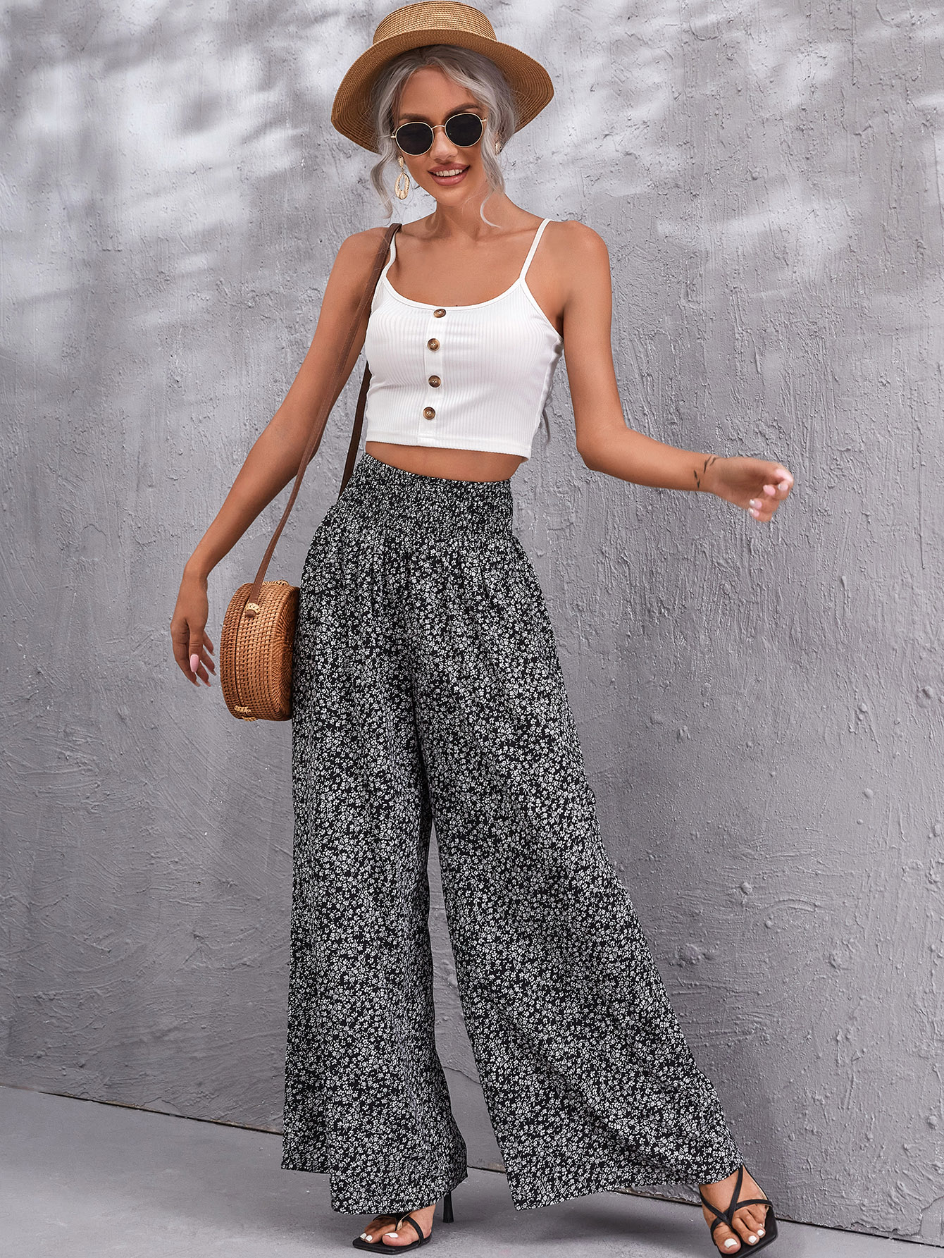 Shirred Waist Ditsy Floral Wide Leg Pants