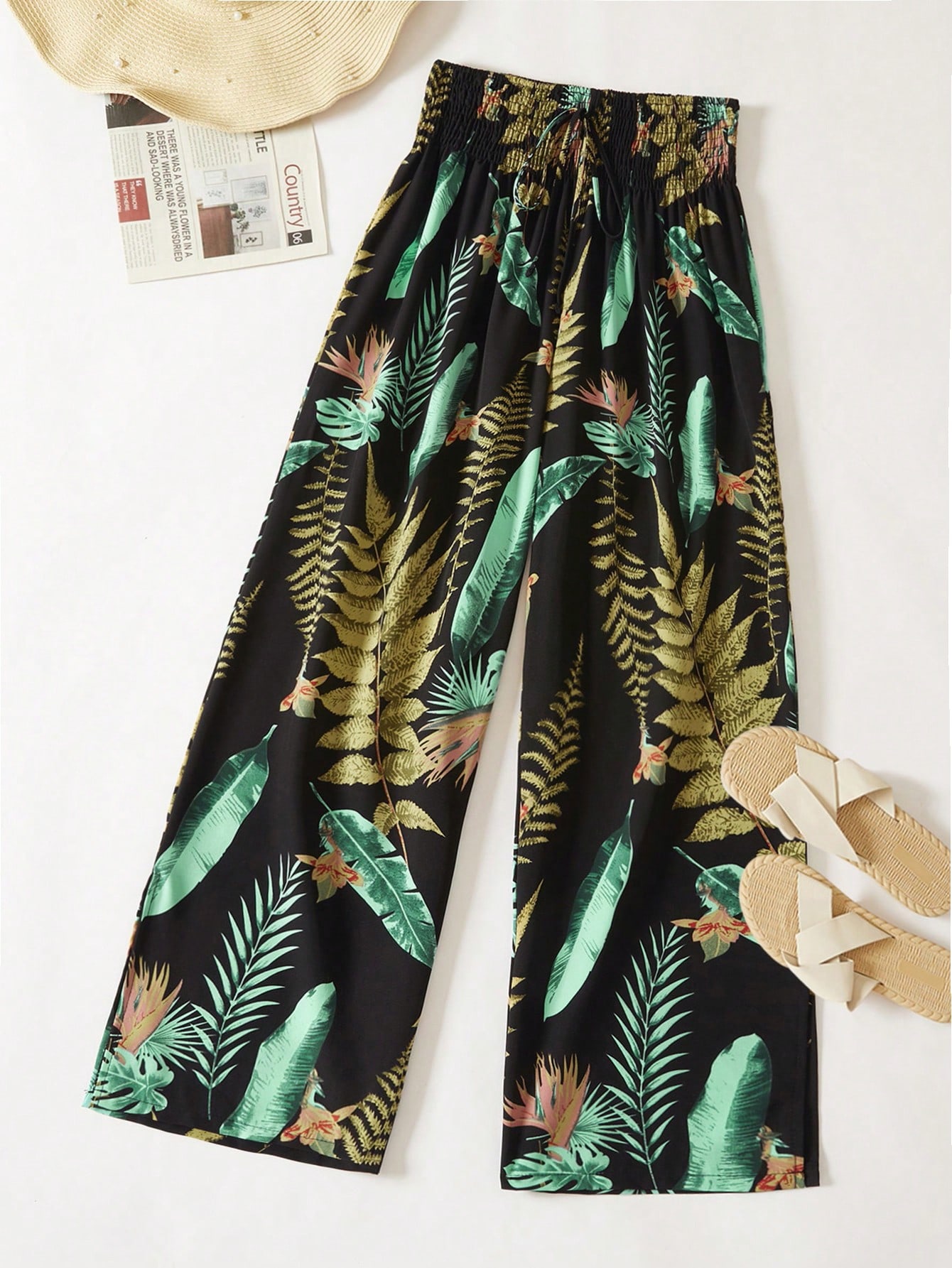 Women's Elastic High Waist Wide Leg Pants With Leaf Print