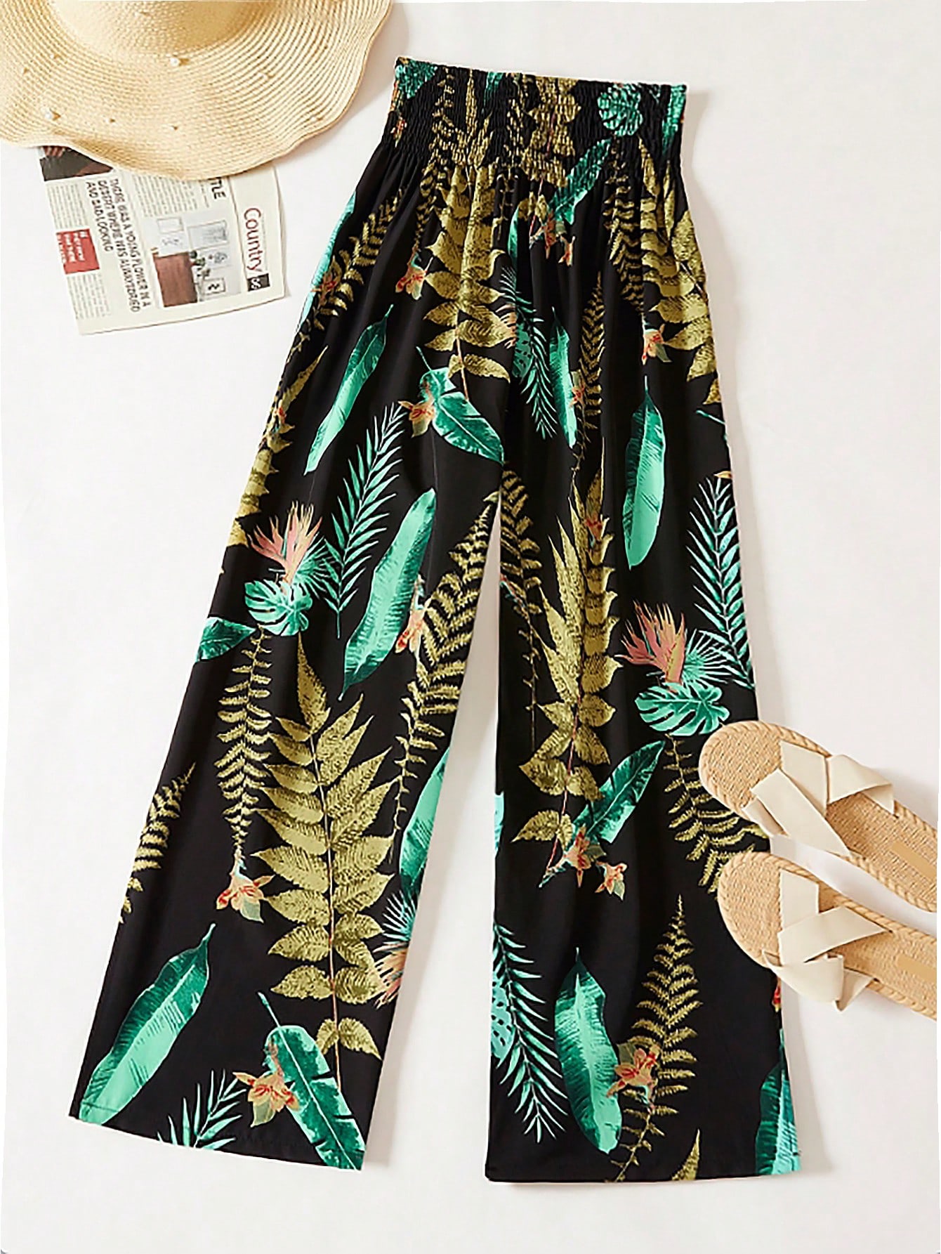 Women's Elastic High Waist Wide Leg Pants With Leaf Print