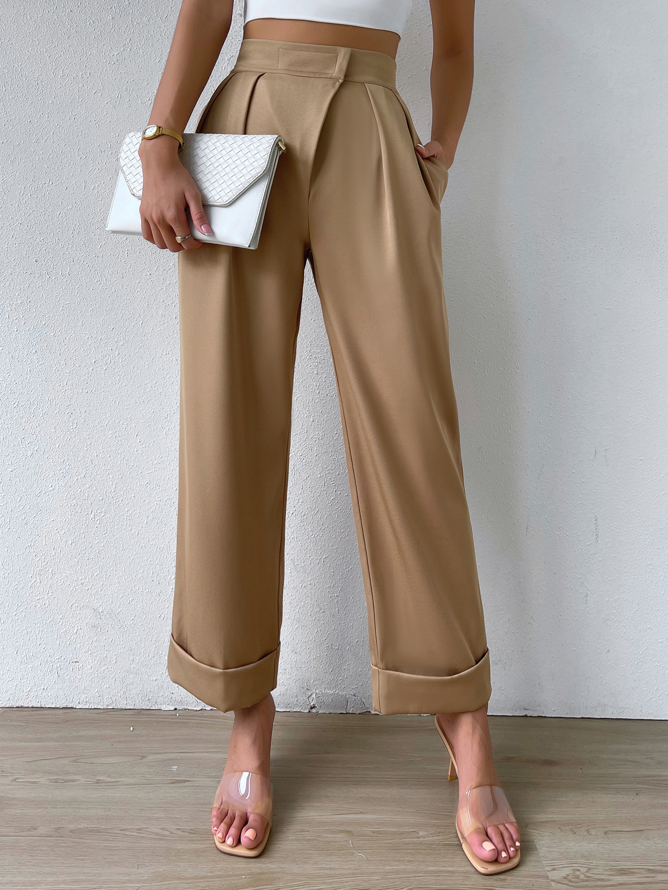 High Waist Plicated Detail Wide Leg Pants