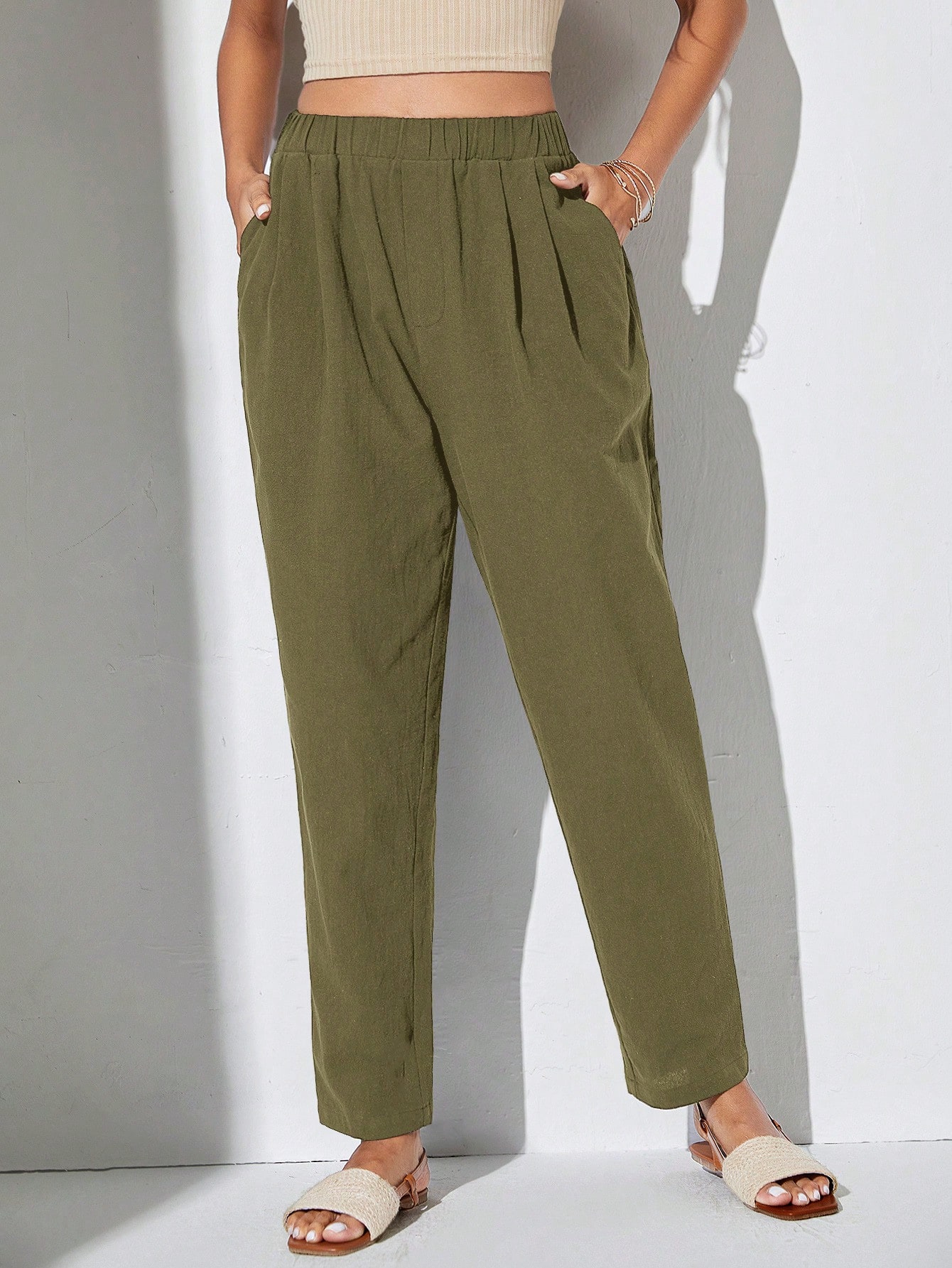 Woven Solid Color Elastic Waist Pants