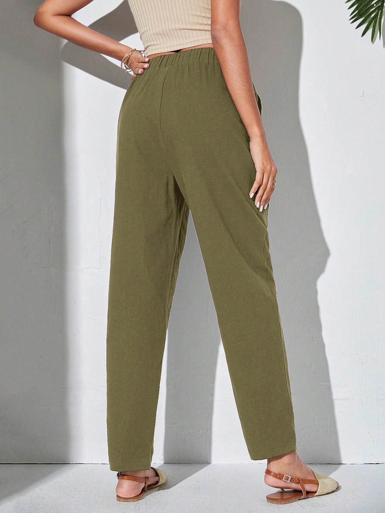 Woven Solid Color Elastic Waist Pants