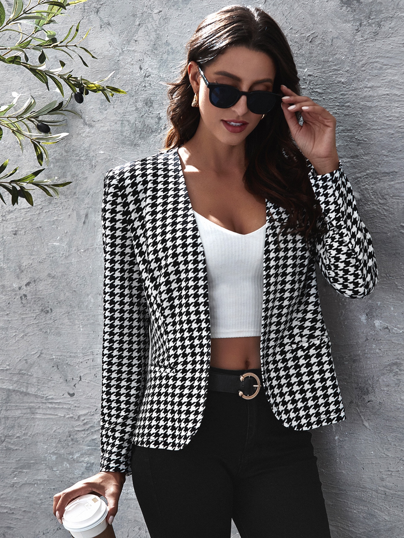 Open Front Houndstooth Jacket