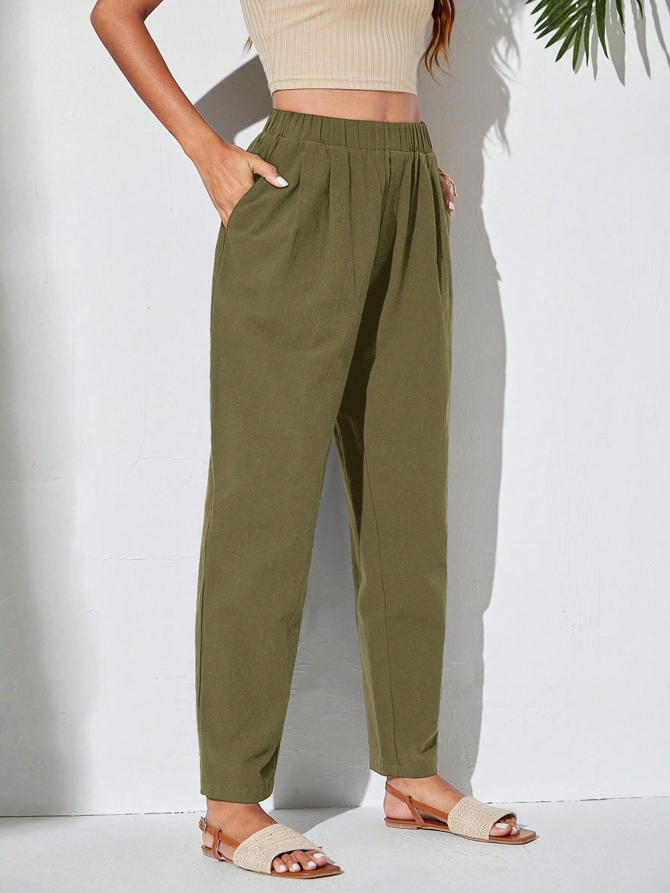 Woven Solid Color Elastic Waist Pants