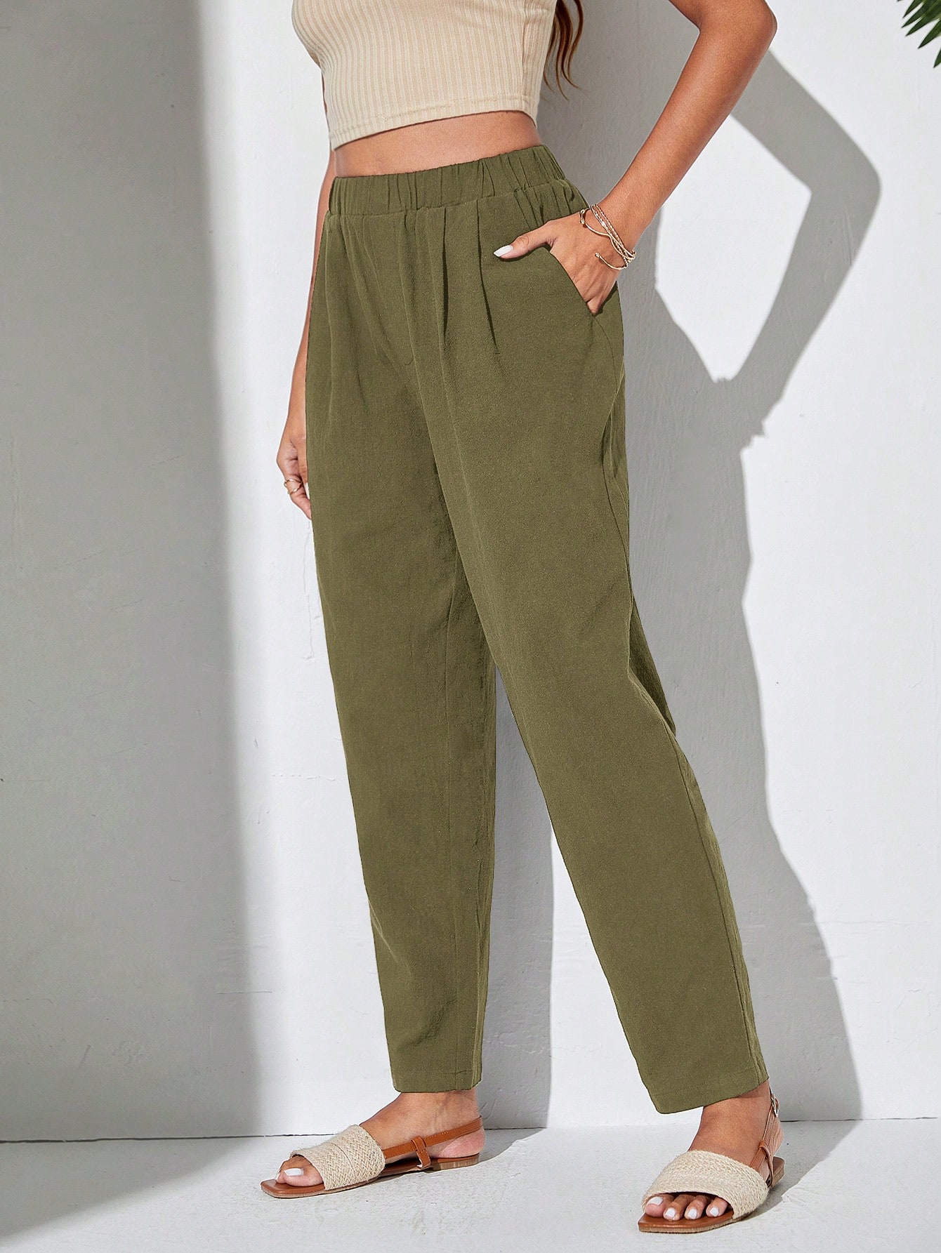 Woven Solid Color Elastic Waist Pants