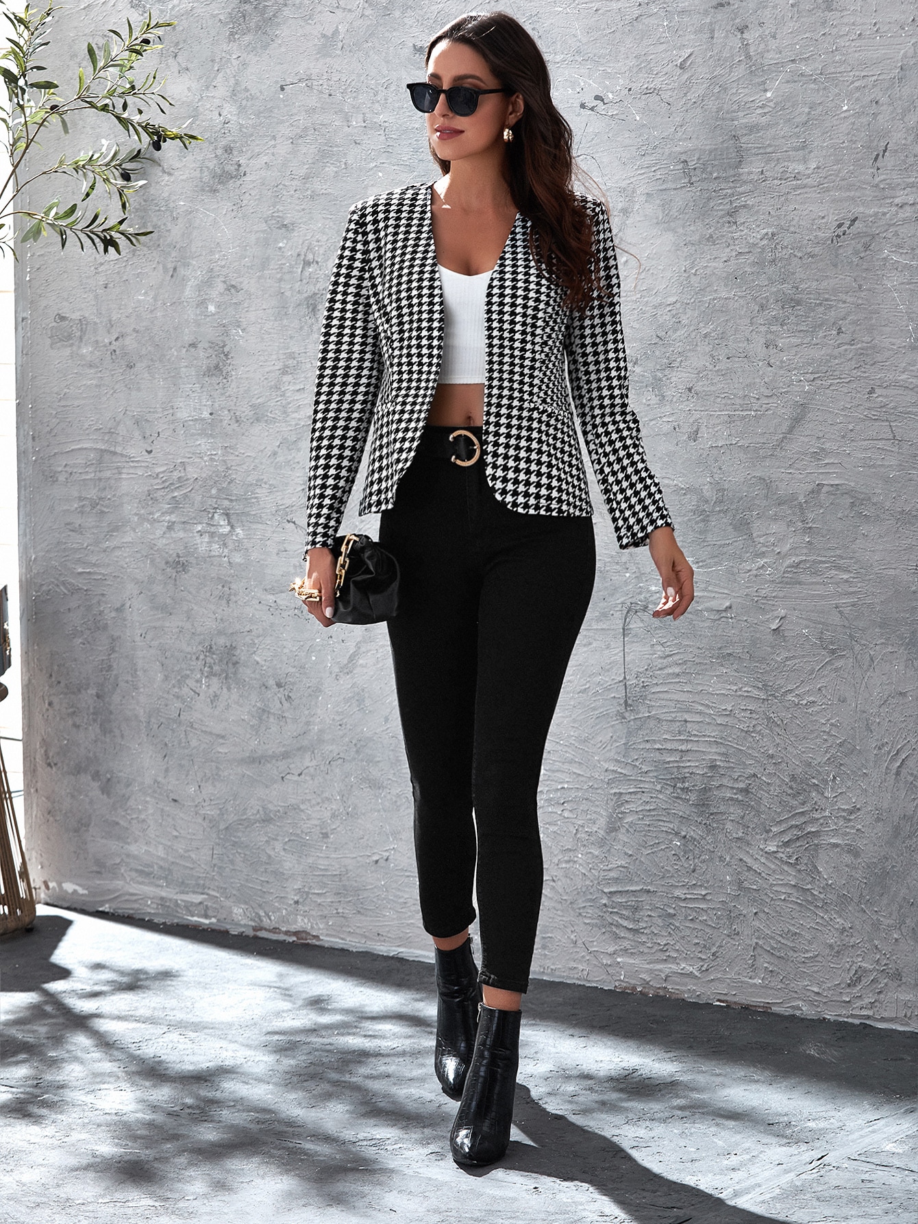 Open Front Houndstooth Jacket