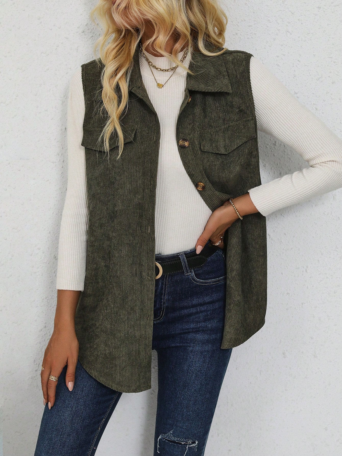 Flap Detail Button Front Corduroy Vest Coat