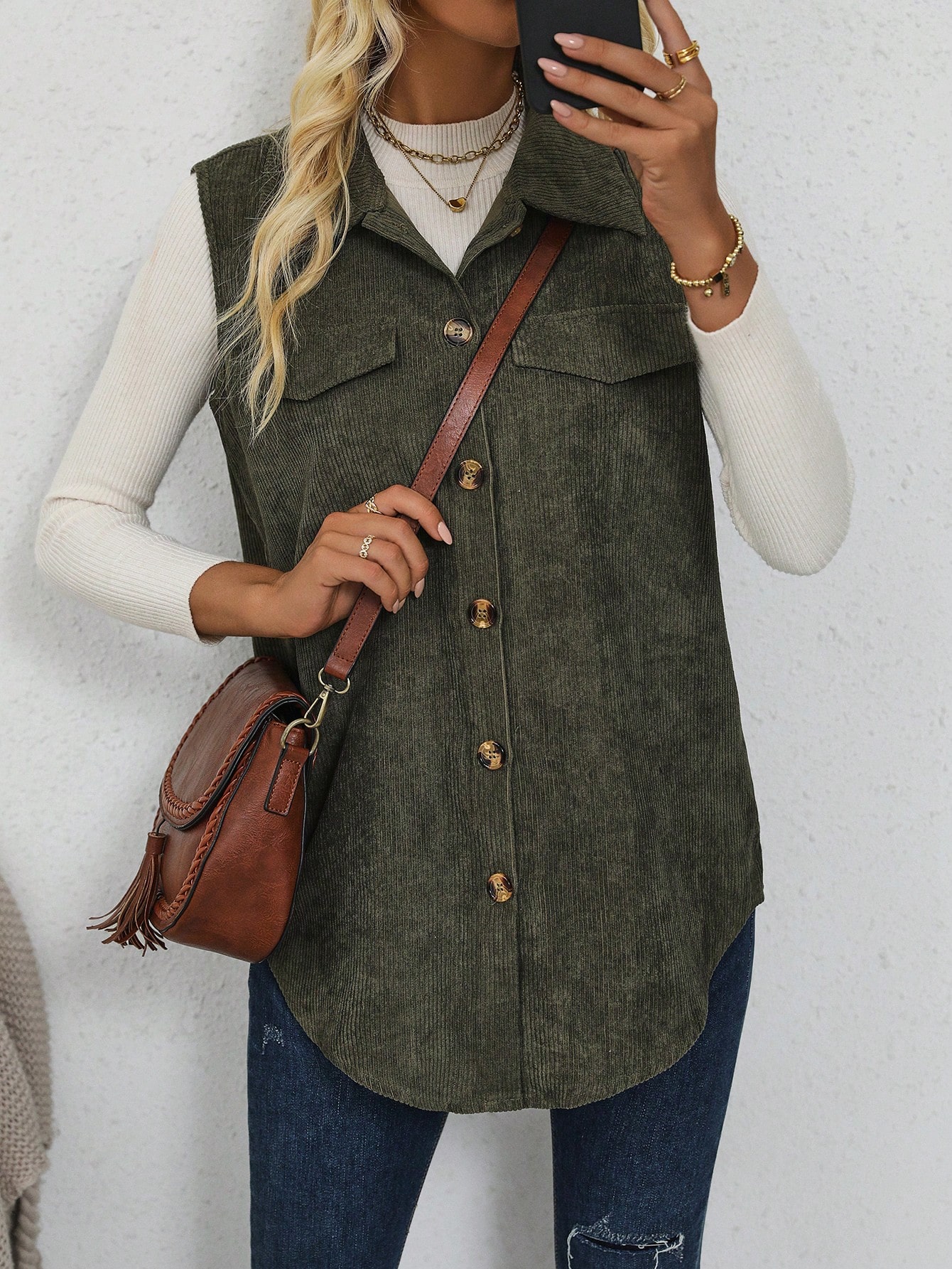 Flap Detail Button Front Corduroy Vest Coat