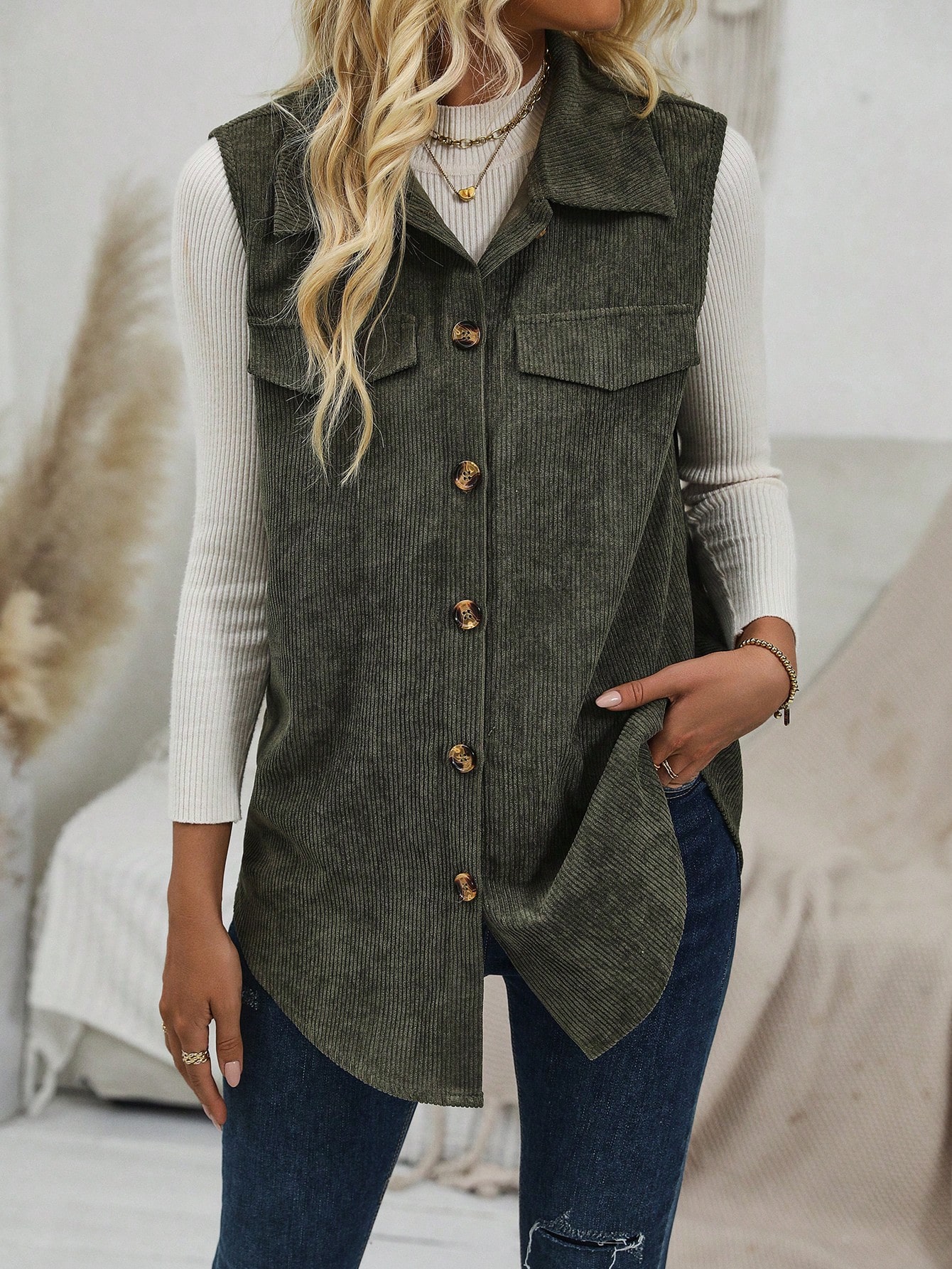 Flap Detail Button Front Corduroy Vest Coat