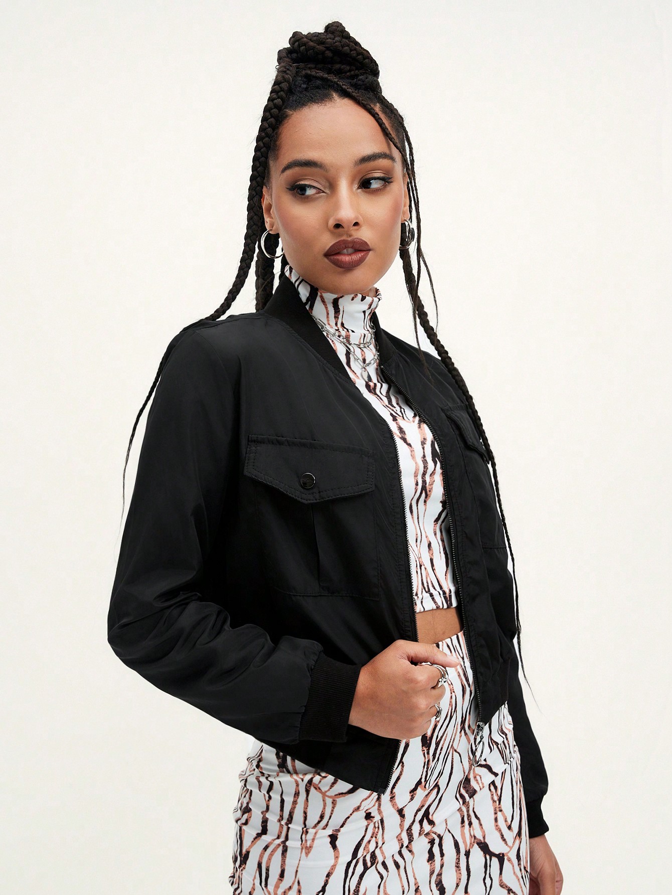 Zip Up Flap Pocket Front Bomber Jacket