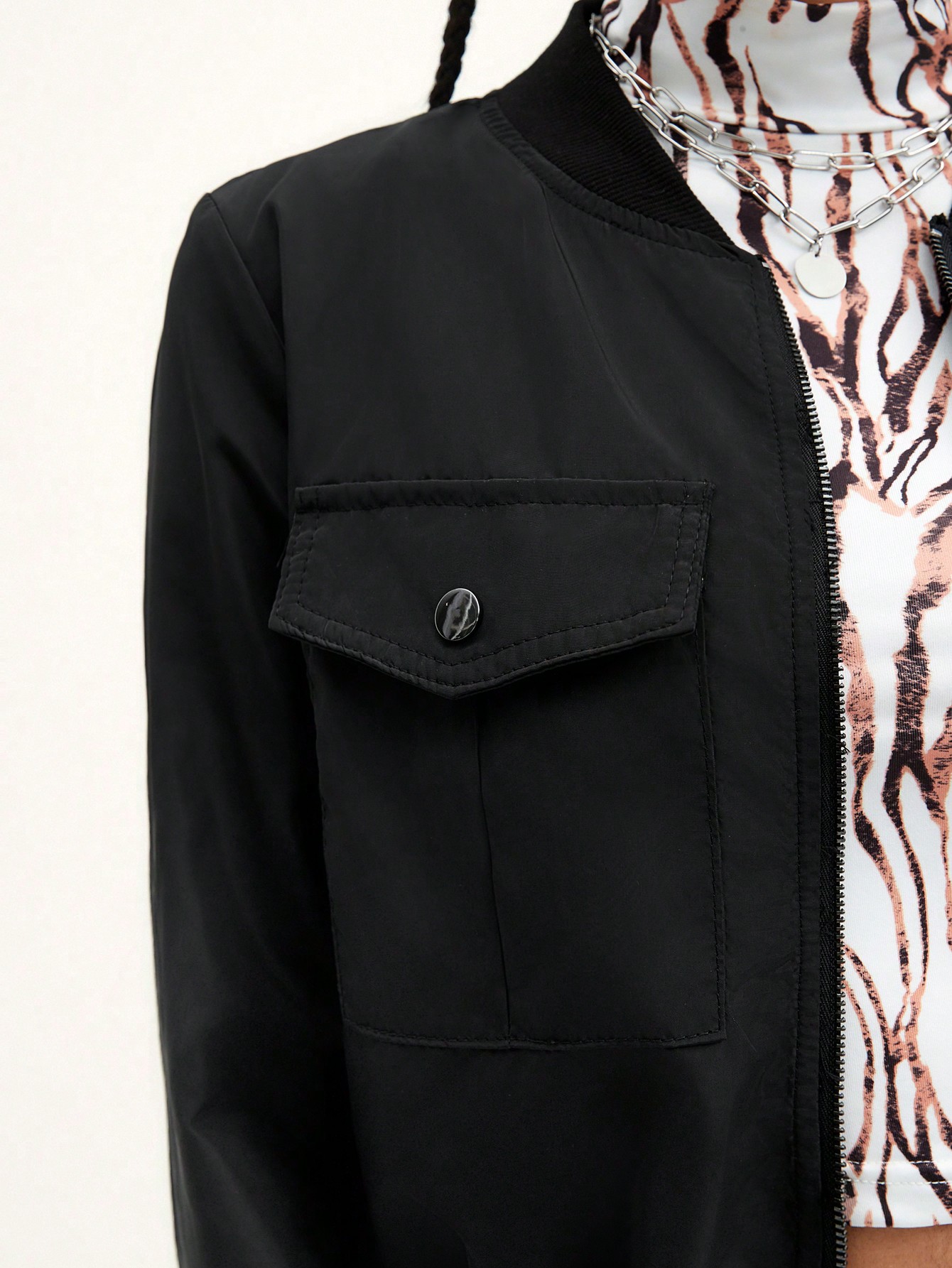 Zip Up Flap Pocket Front Bomber Jacket