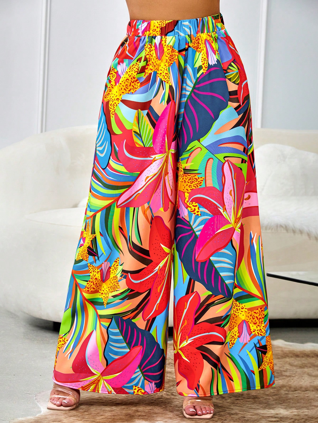 Tropical Print Summer Beach Wide Leg Pants