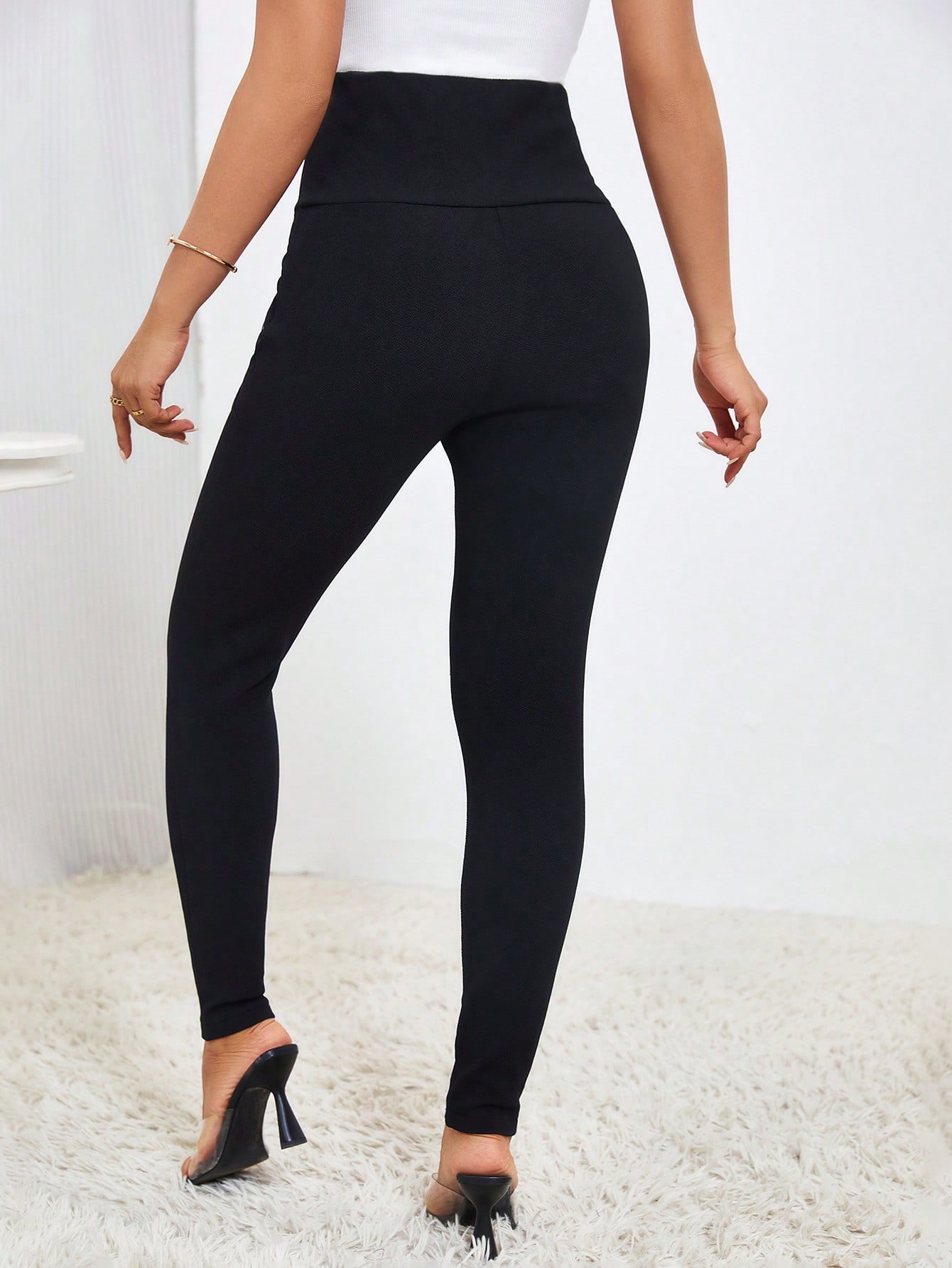 High Waist Button Detail Black SkinnyPants