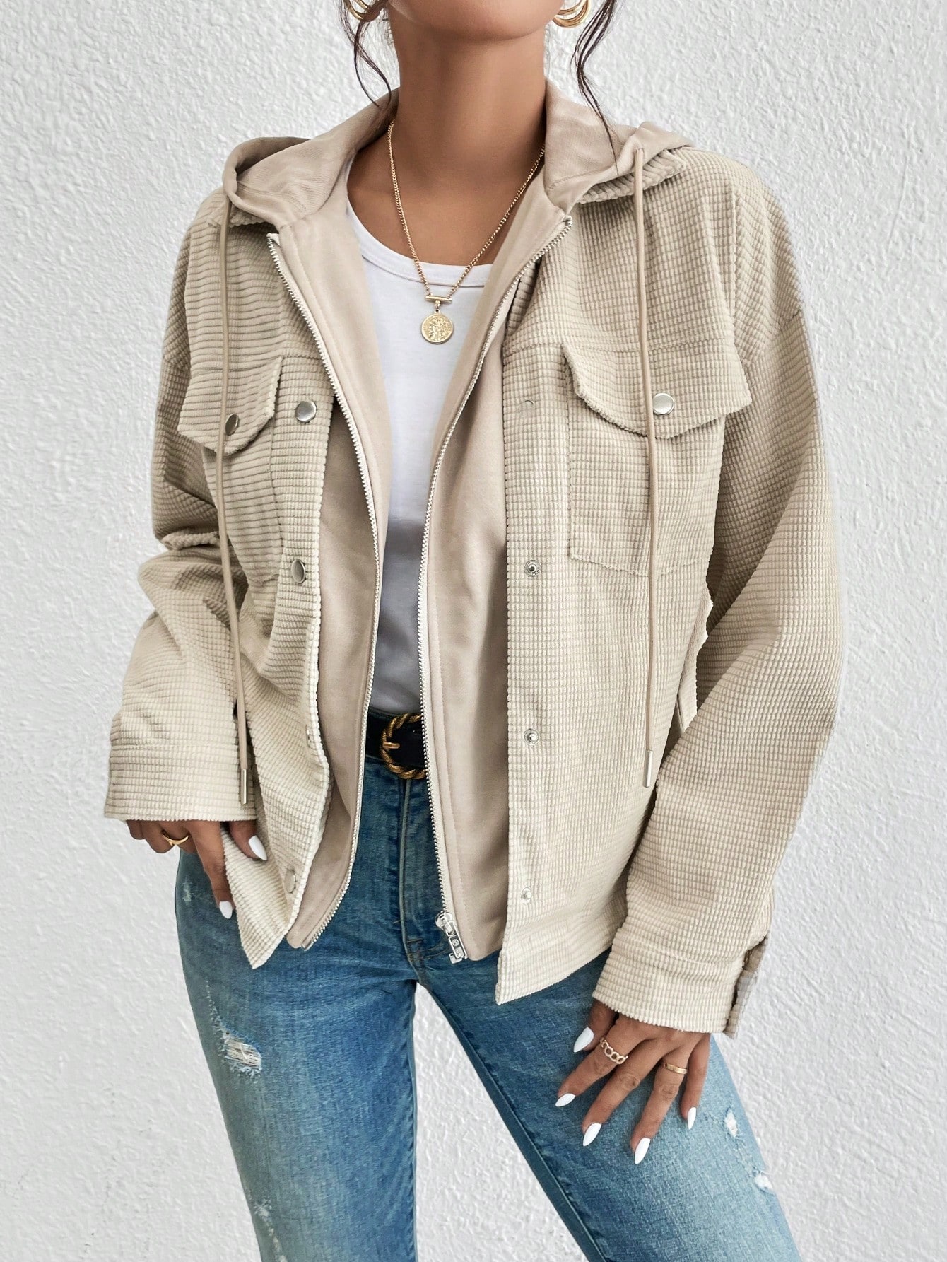 Flap Pocket Drop Shoulder Drawstring Hooded Jacket