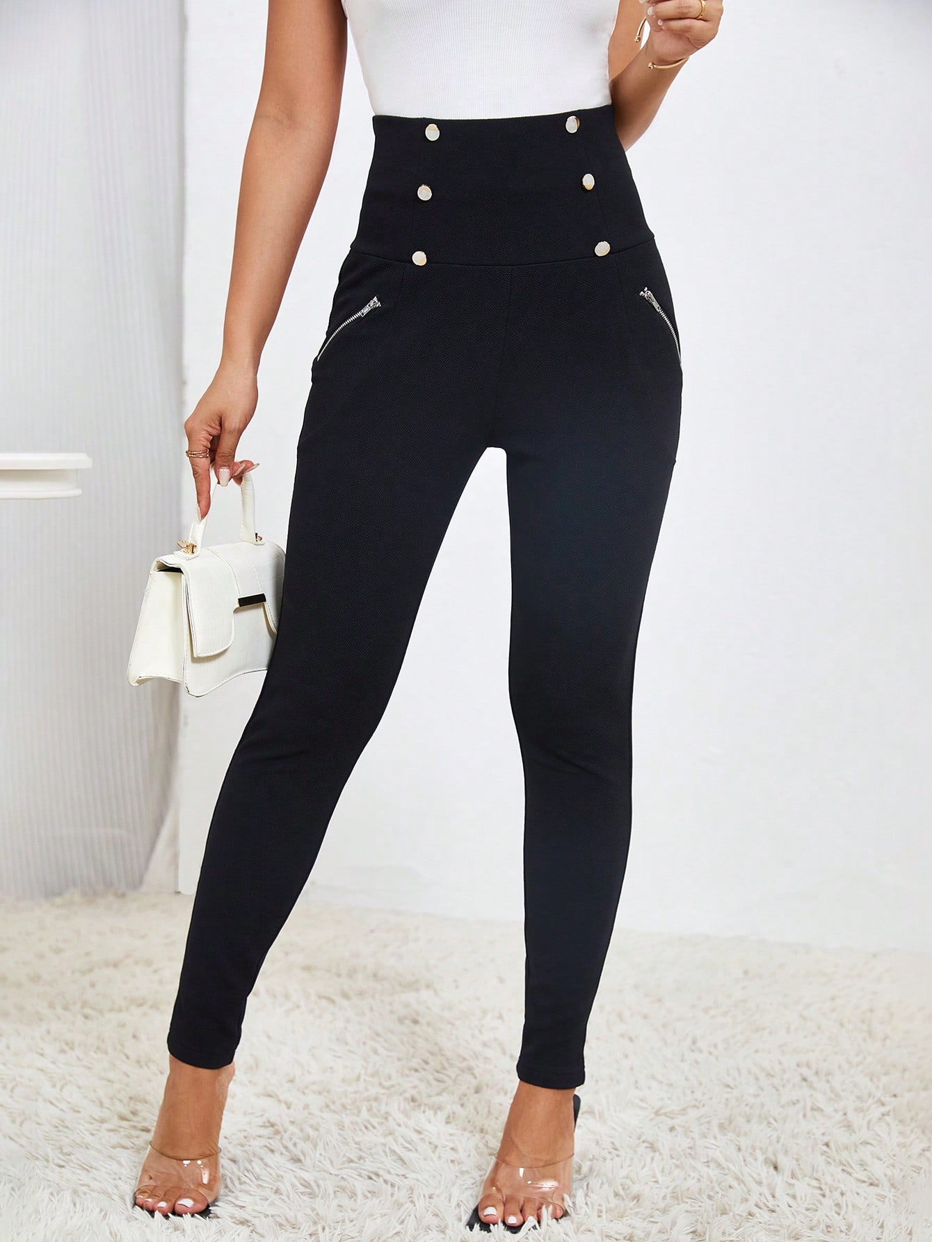 High Waist Button Detail Black SkinnyPants