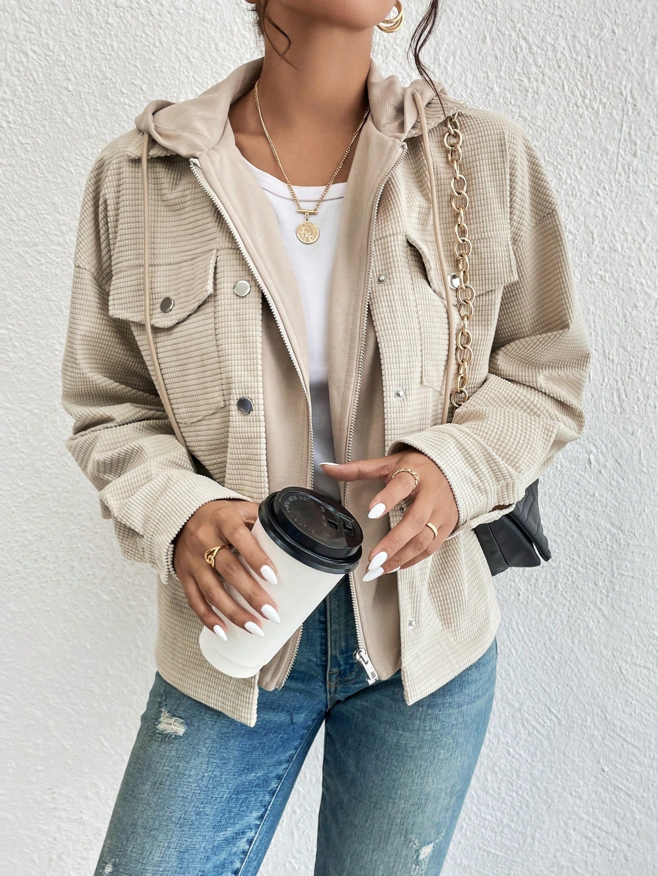 Flap Pocket Drop Shoulder Drawstring Hooded Jacket