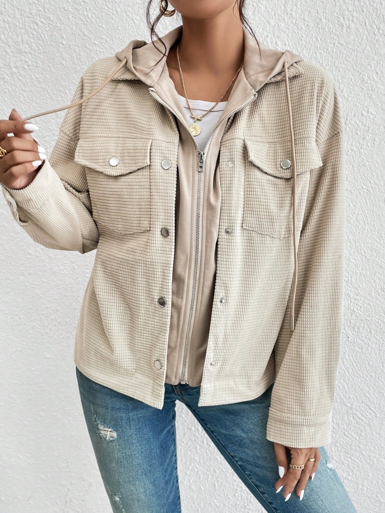 Flap Pocket Drop Shoulder Drawstring Hooded Jacket