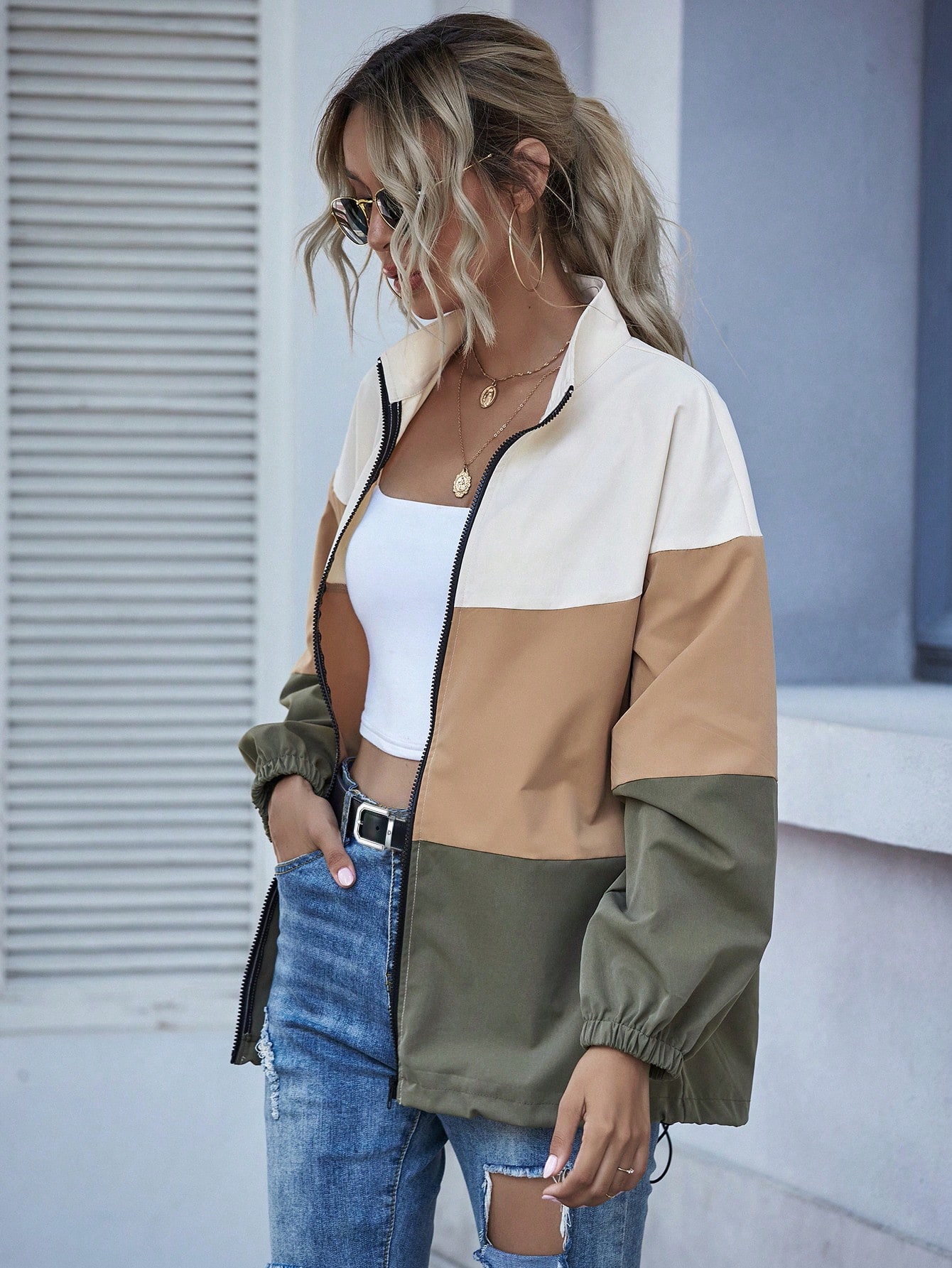 Color-block Zip Up Drawstring Hem Jacket