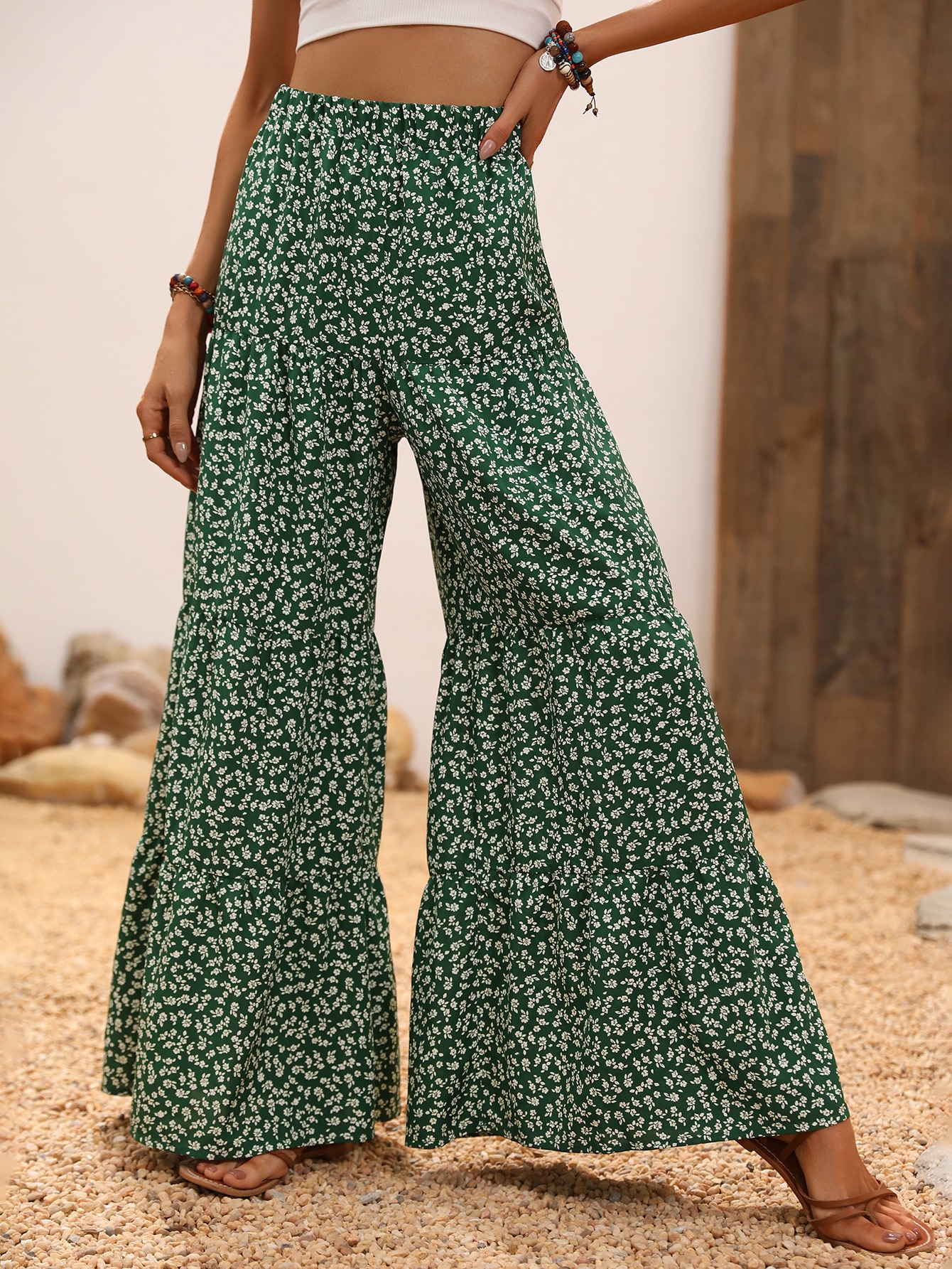 Ditsy Floral Ruffle Hem Wide Leg Pants