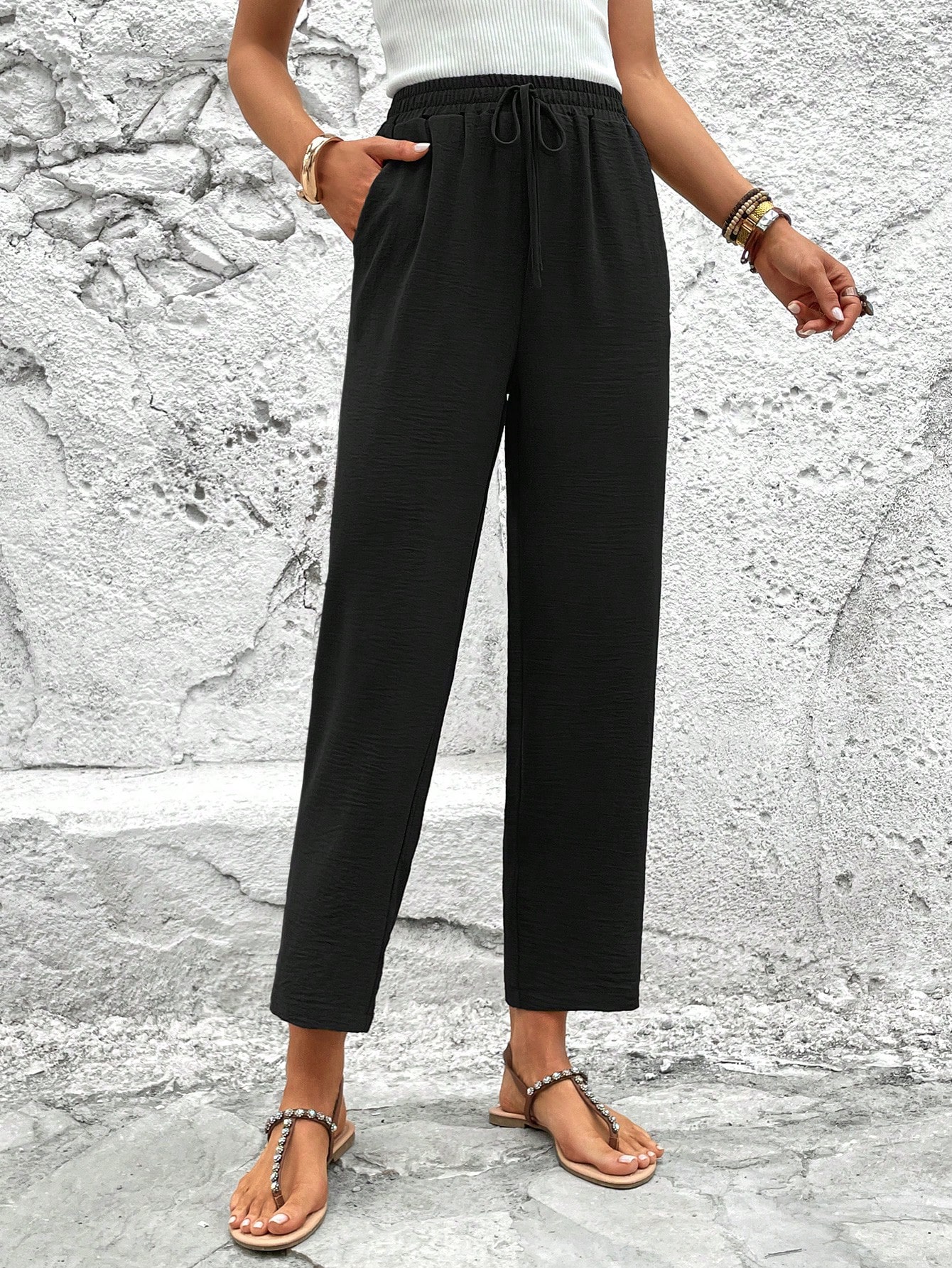 Solid Drawstring Waist Straight Leg Pants