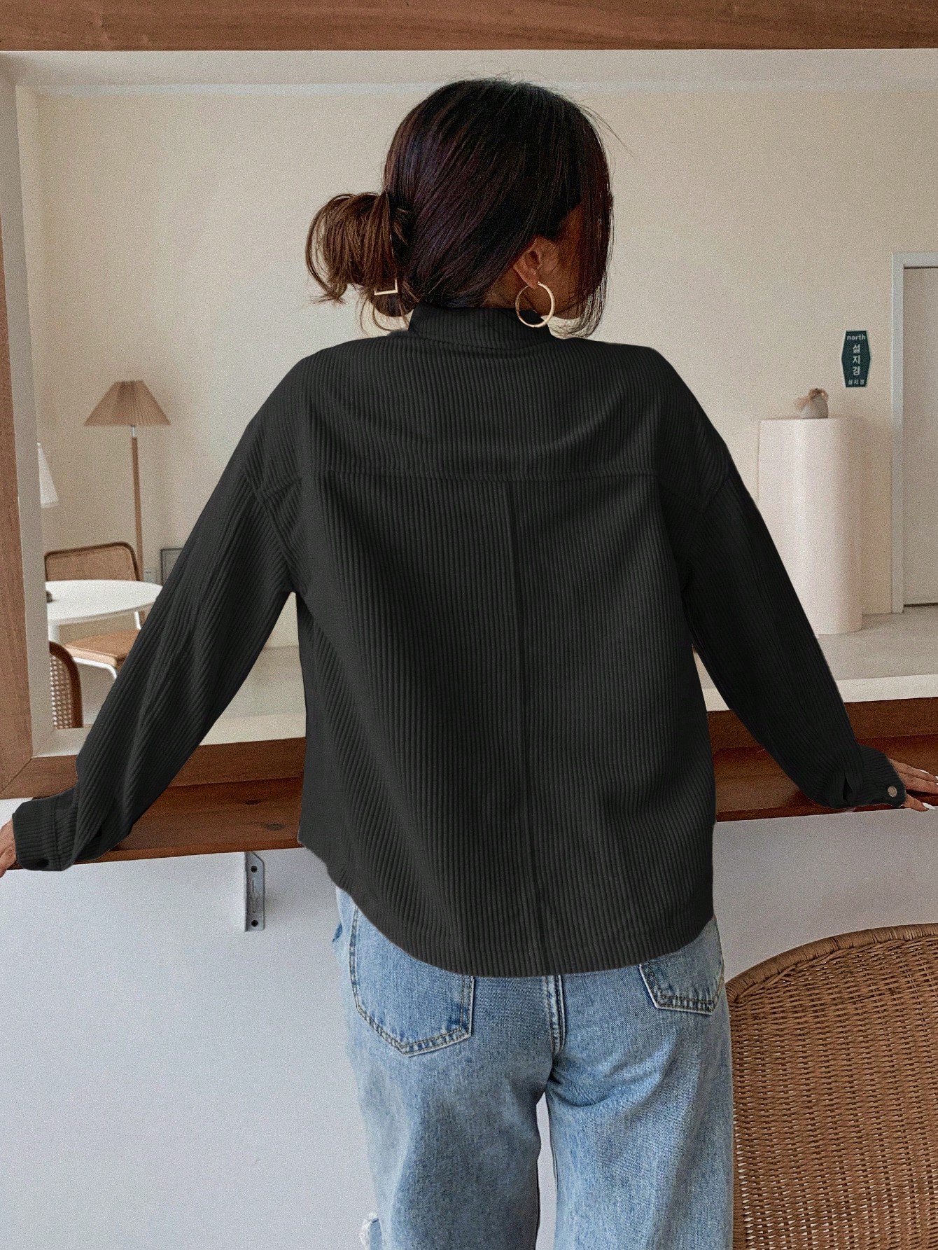 Flap Pocket Button Front Corduroy Black Jacket