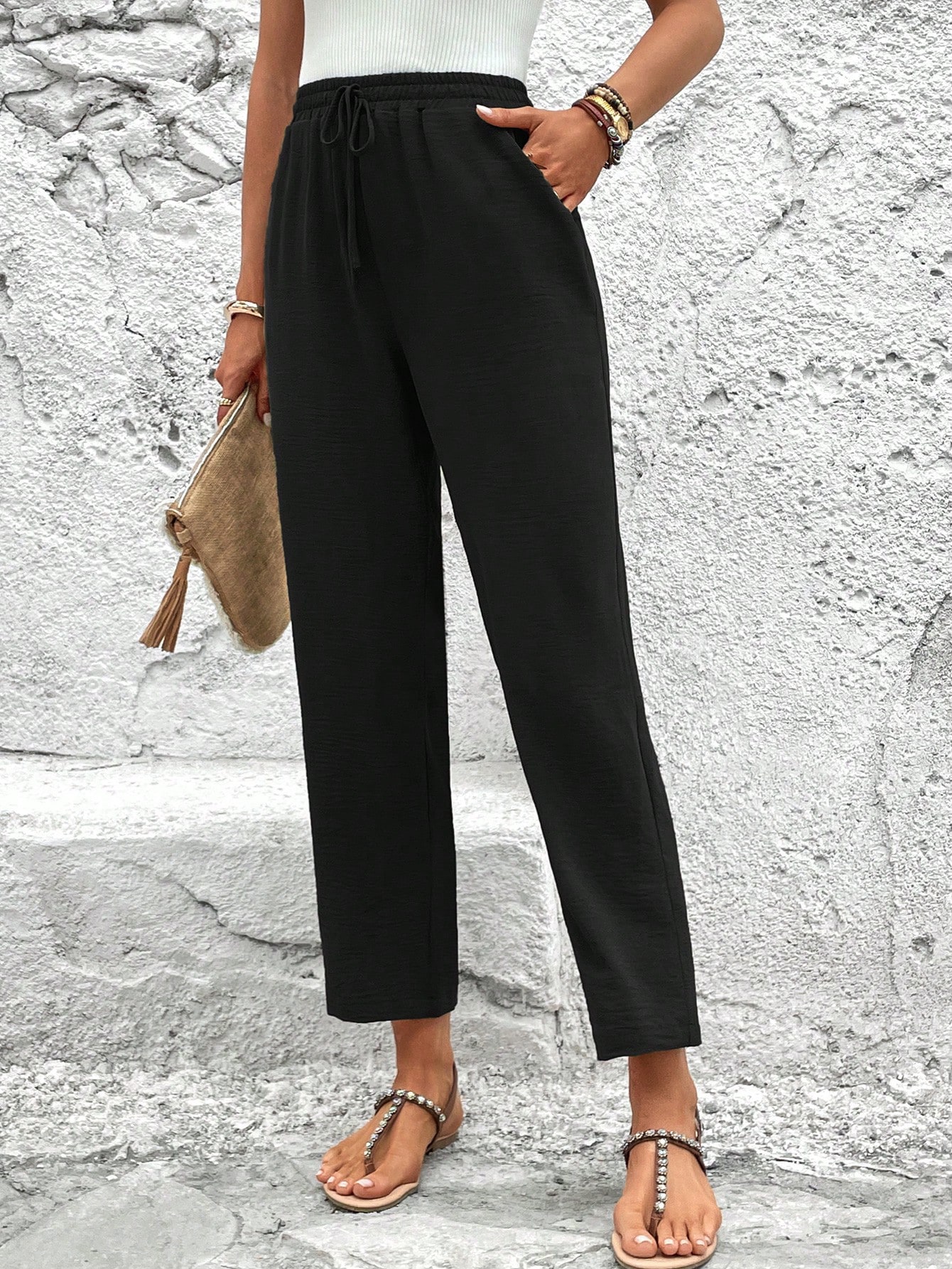 Solid Drawstring Waist Straight Leg Pants