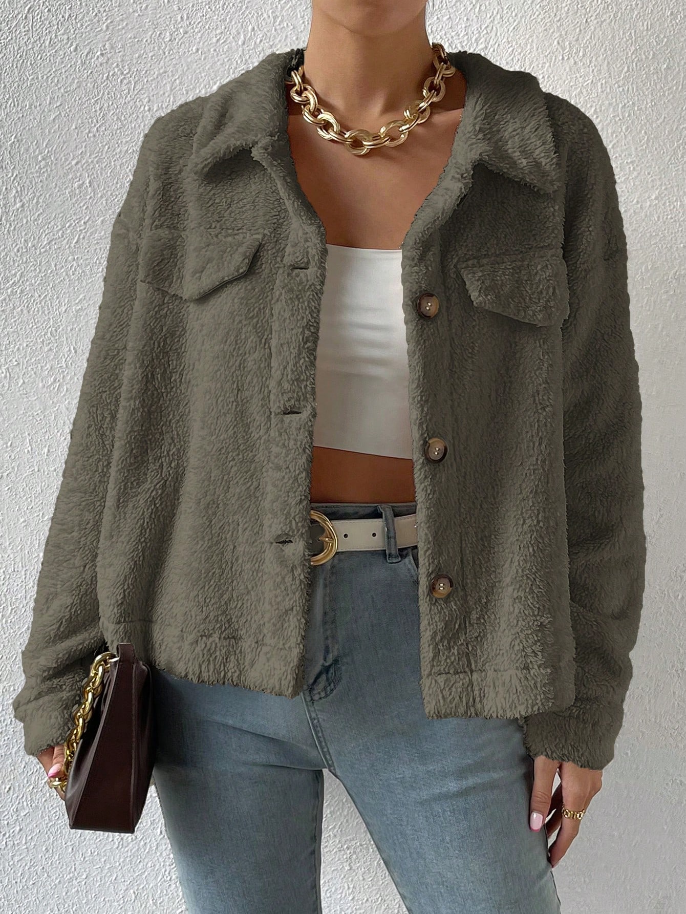 Solid Color Plush Drop Shoulder Jacket