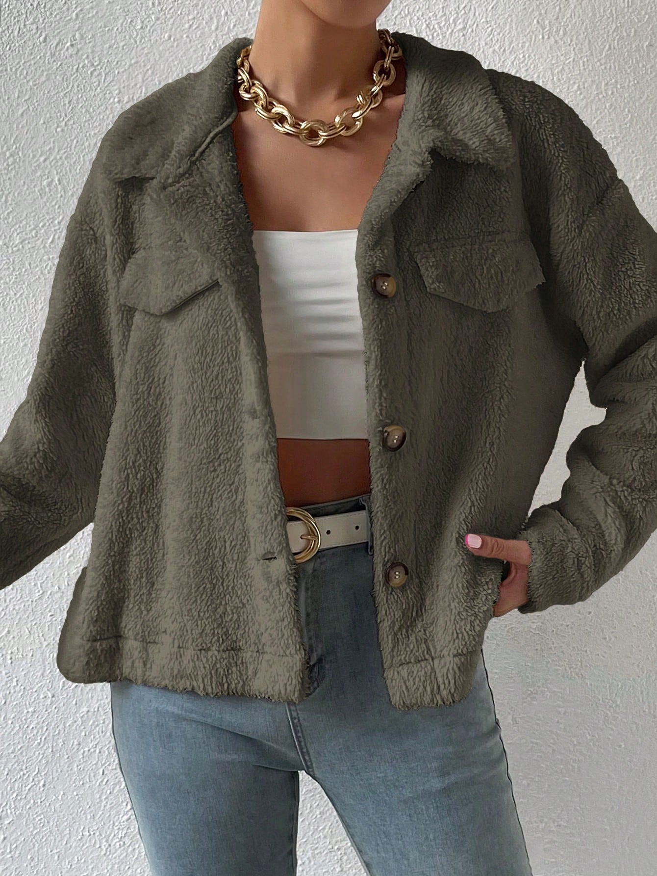 Solid Color Plush Drop Shoulder Jacket