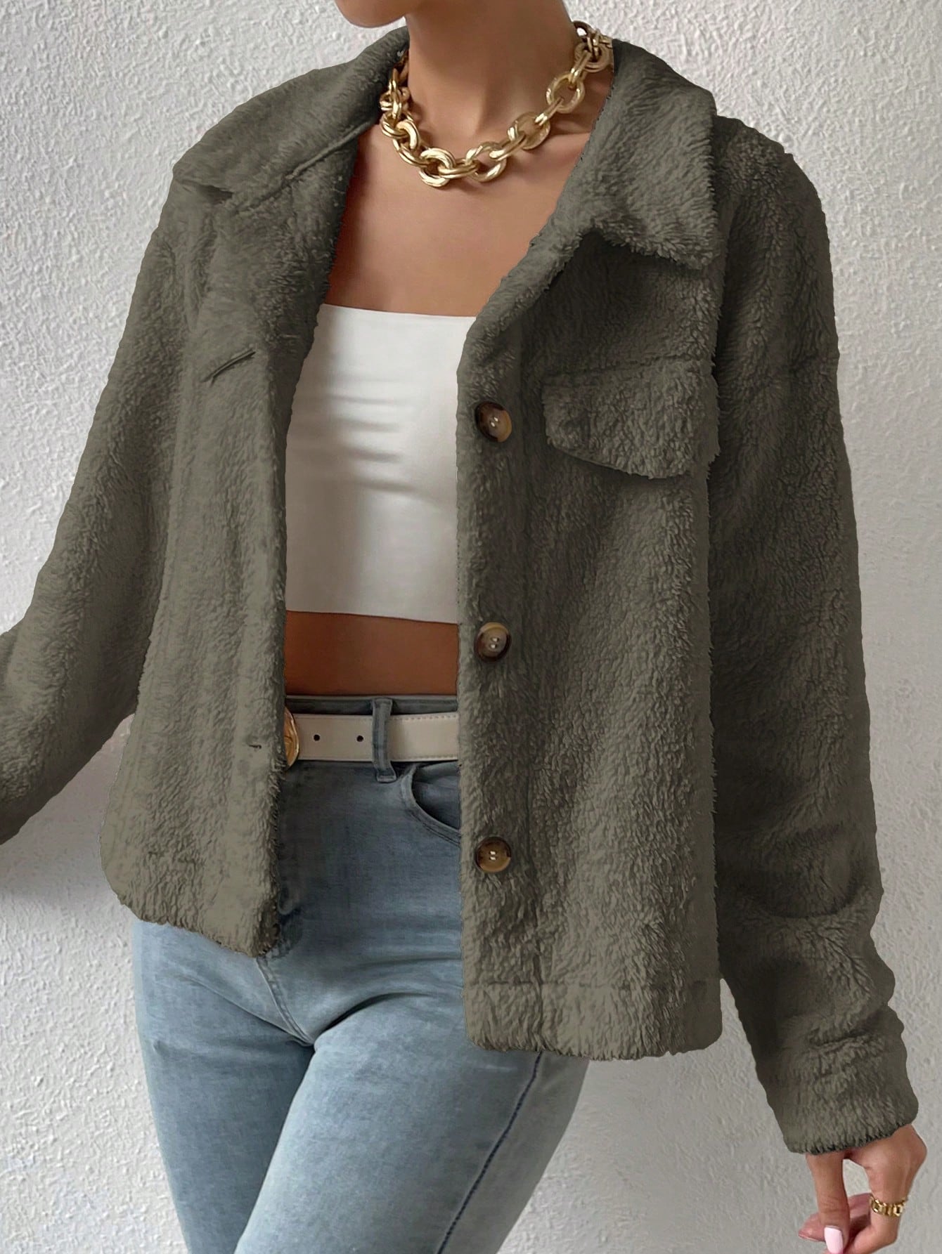 Solid Color Plush Drop Shoulder Jacket