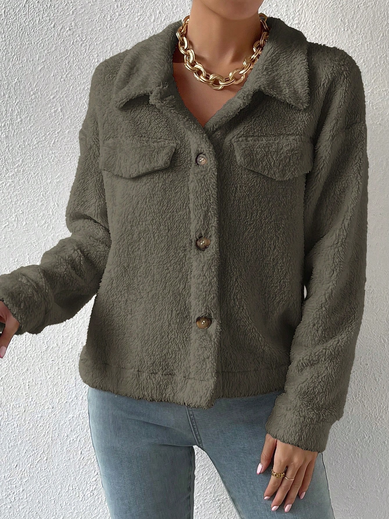 Solid Color Plush Drop Shoulder Jacket