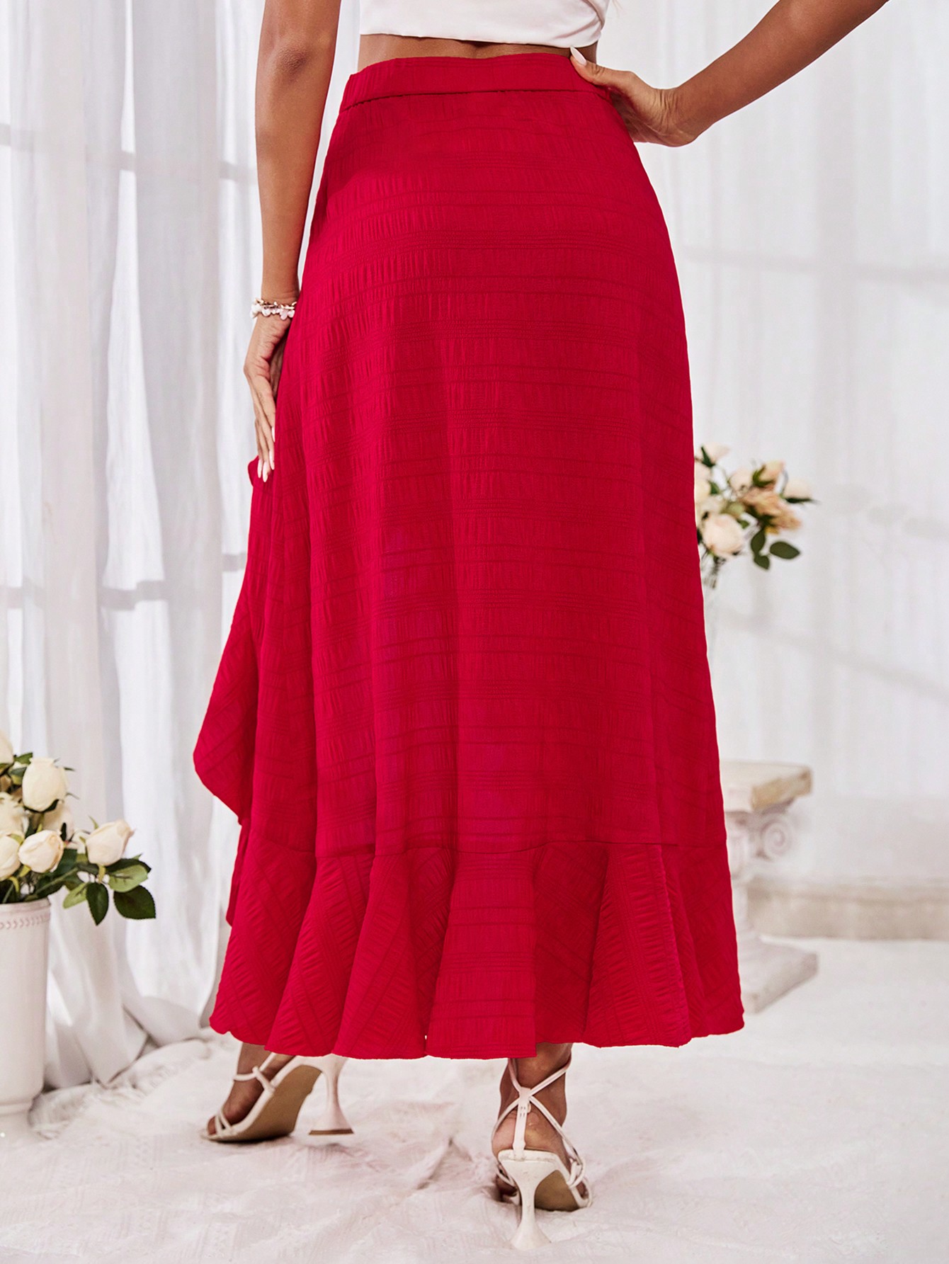 Valentine's Day Women's Solid Color Ruffle Trim Romantic Red Skirt For Vacation