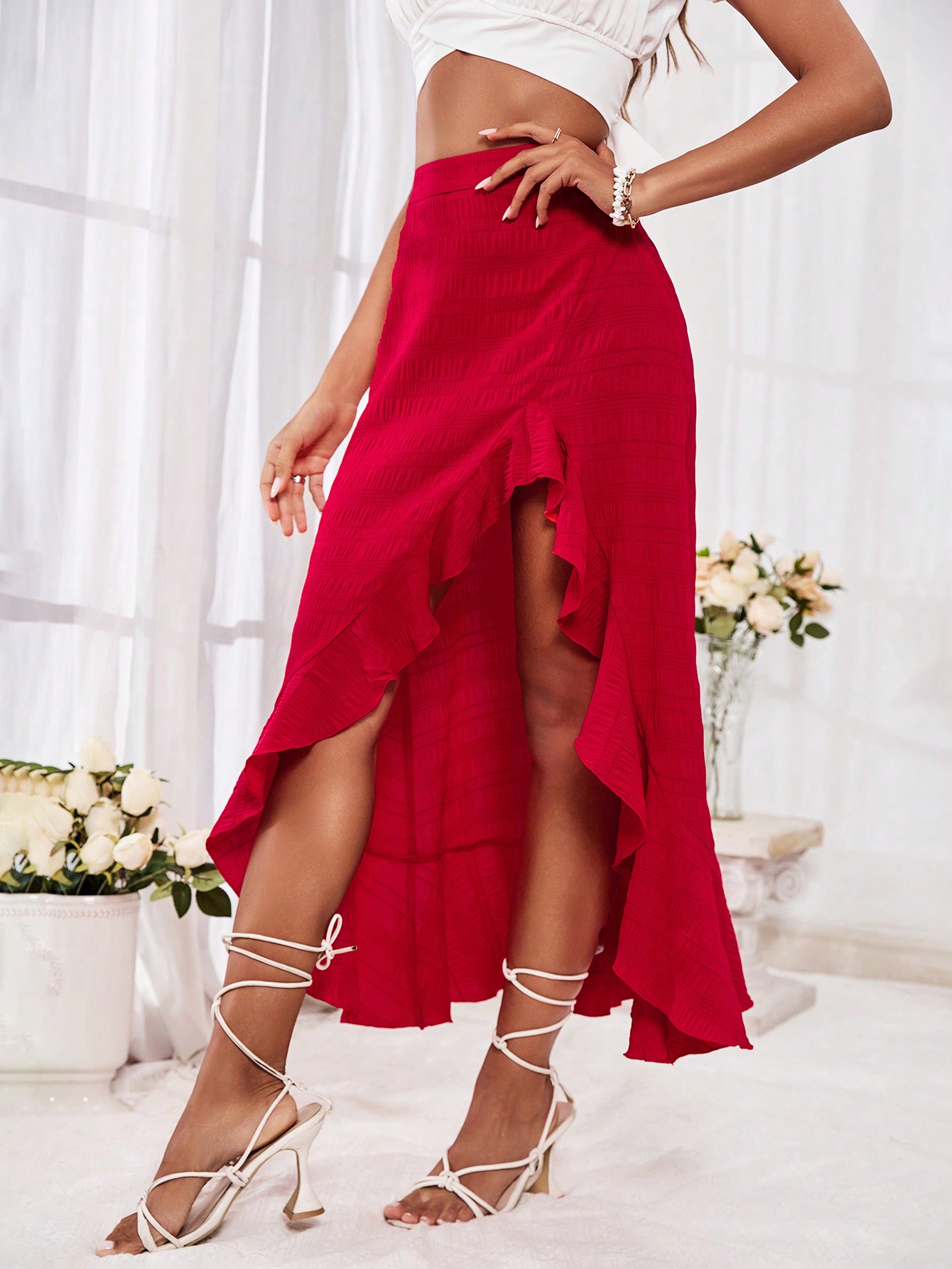 Valentine's Day Women's Solid Color Ruffle Trim Romantic Red Skirt For Vacation