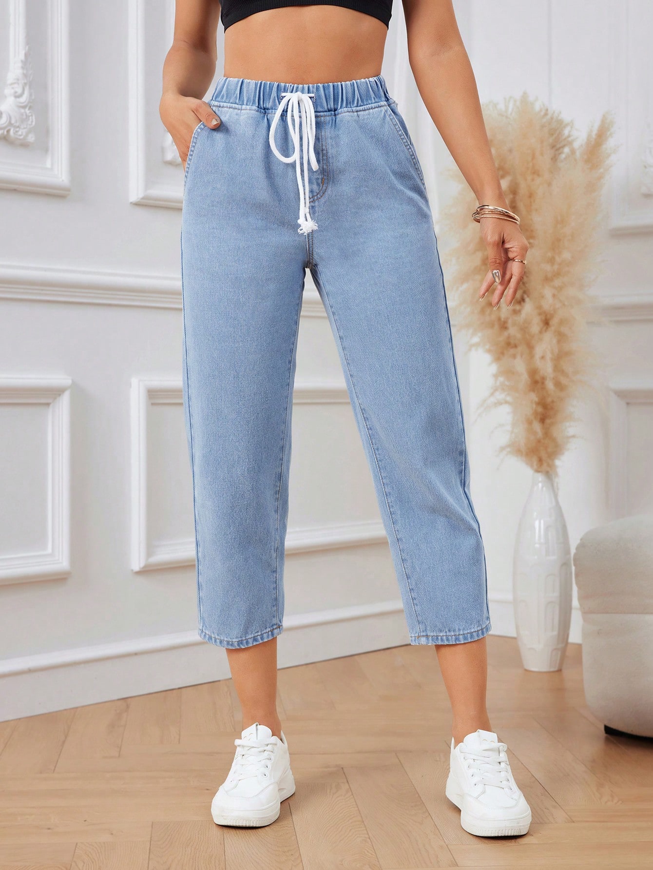 Drawstring Waist Slant Pocket Jeans