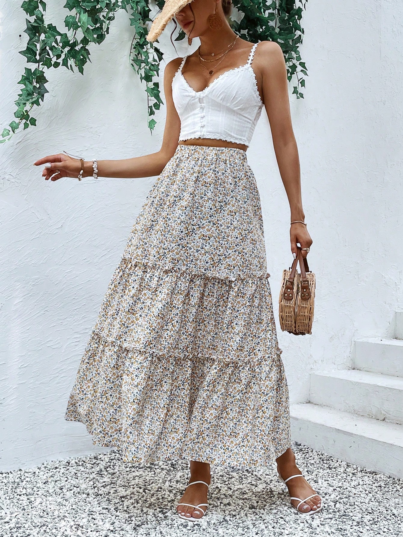 Ditsy Floral Print Frill Trim Ruffle Hem Skirt