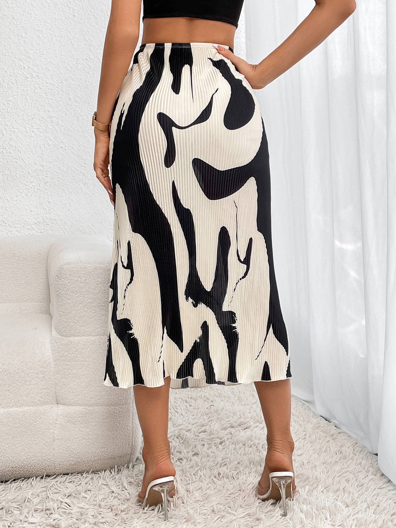 Graphic Print Plisse Long Skirt