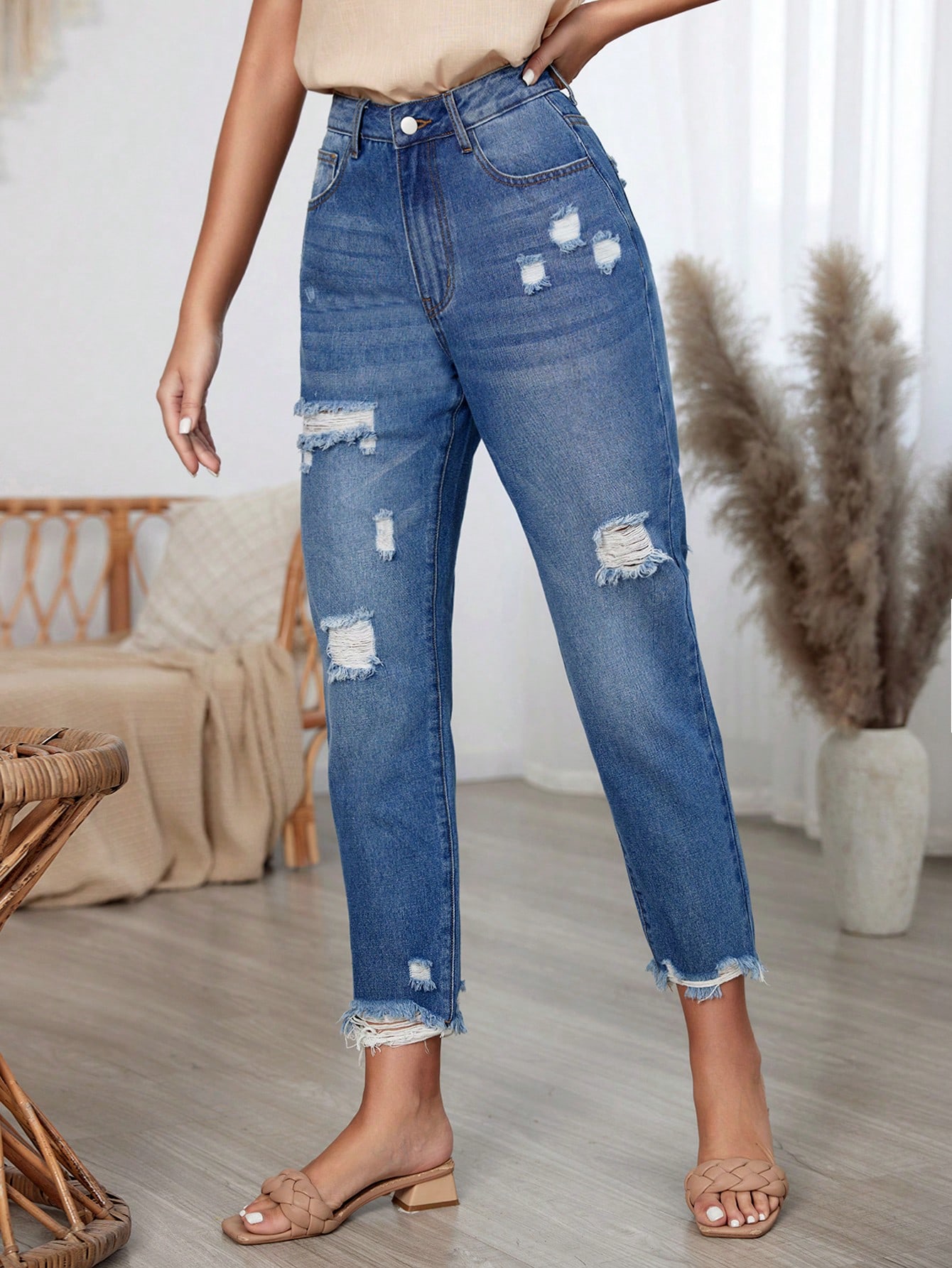 Women's High Waist Distressed Conical Jeans