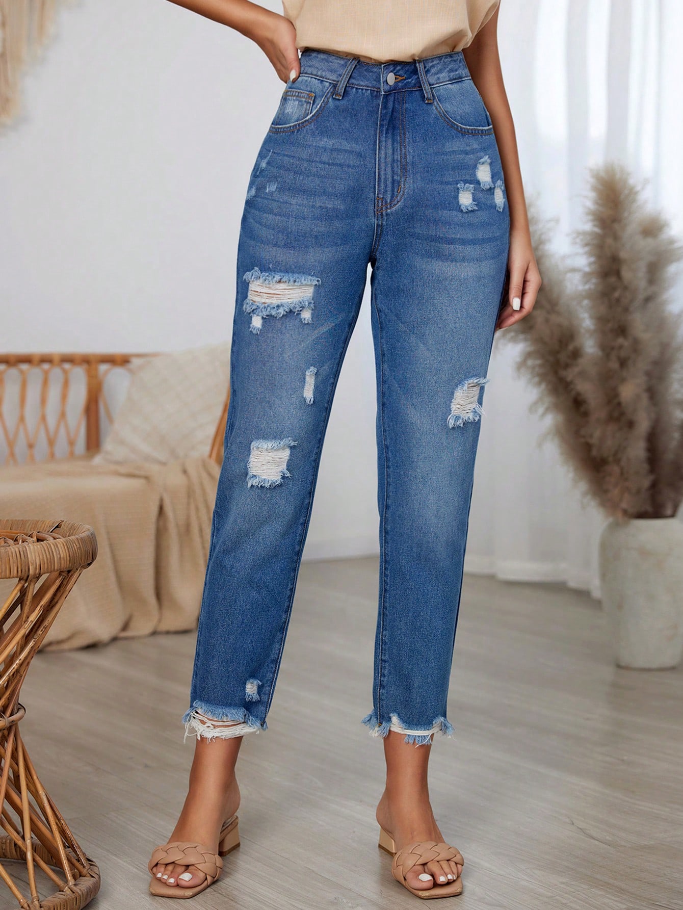 Women's High Waist Distressed Conical Jeans