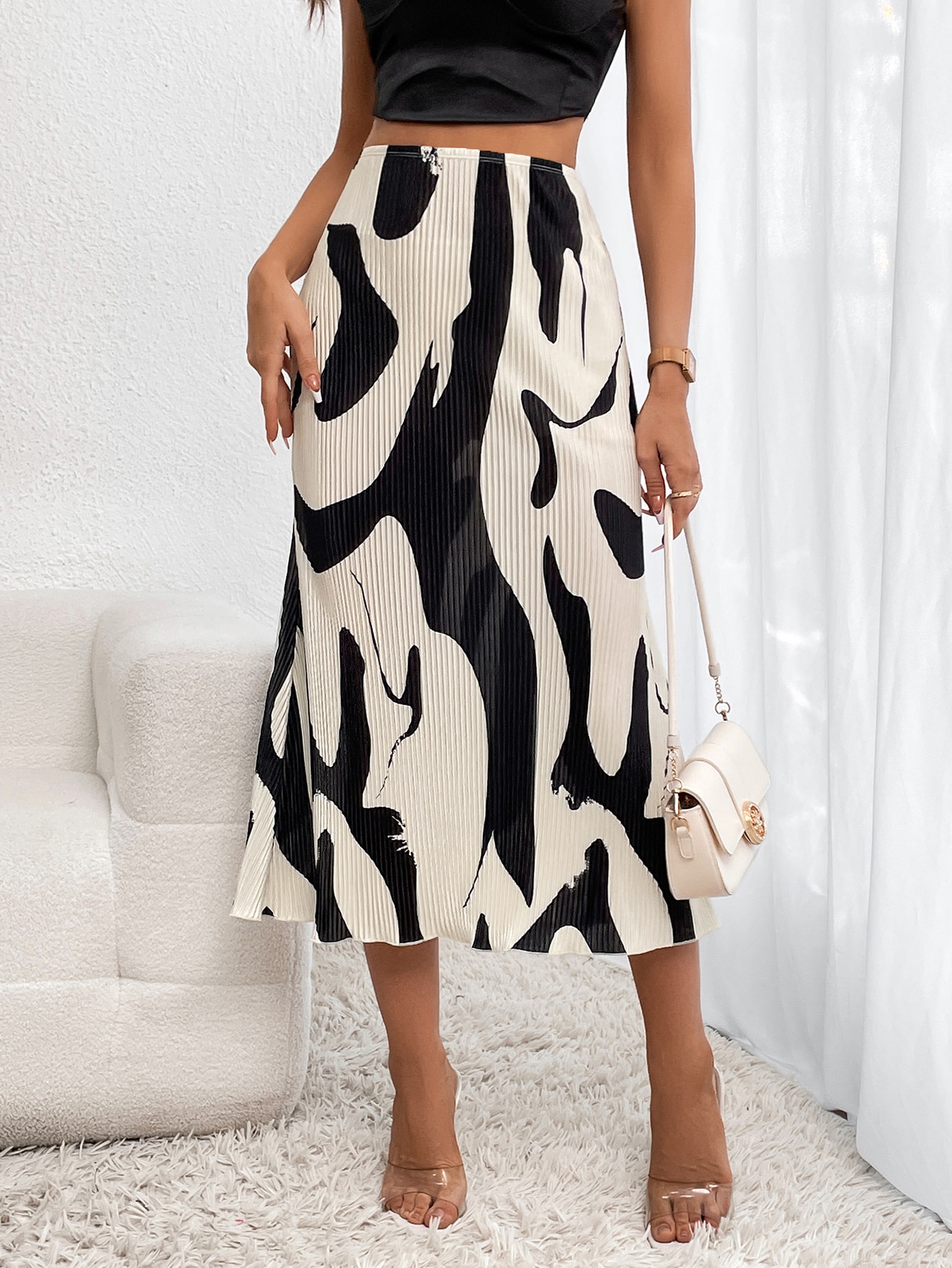 Graphic Print Plisse Long Skirt