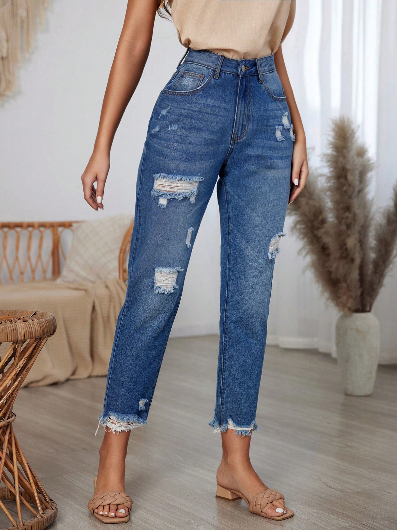 Women's High Waist Distressed Conical Jeans