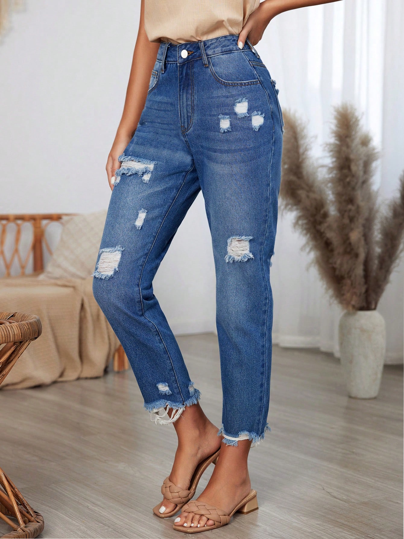 Women's High Waist Distressed Conical Jeans