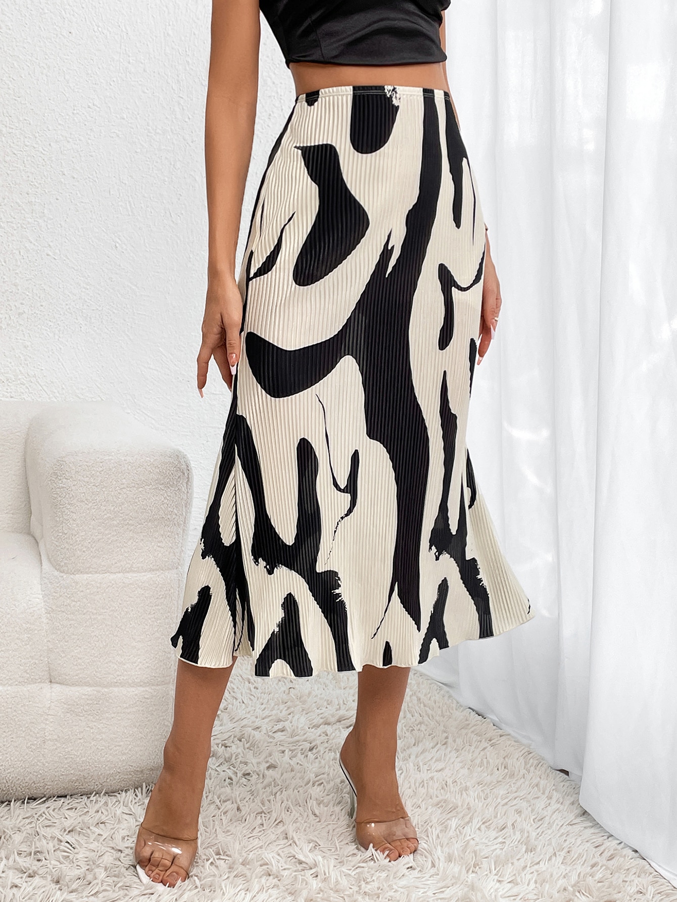 Graphic Print Plisse Long Skirt